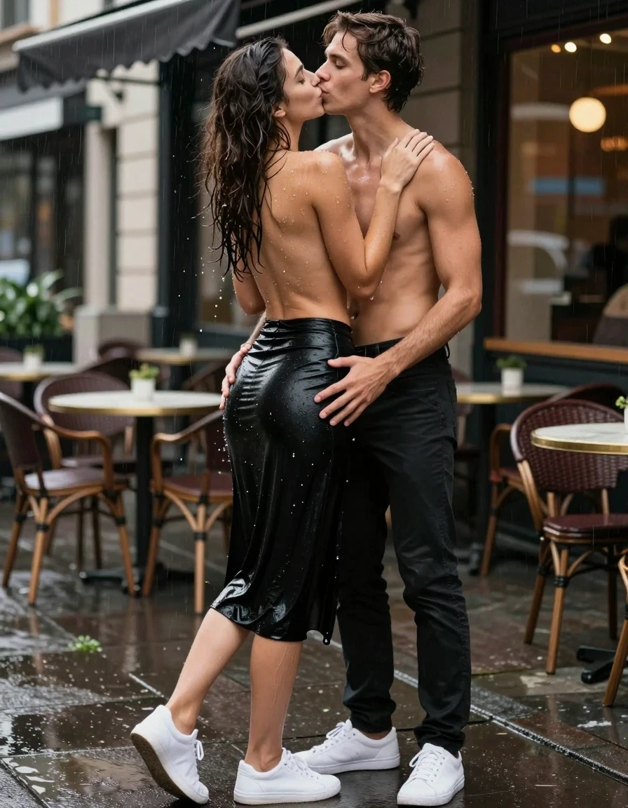 photo of young woman, in soaking wet, drenched clothes,
White sneakers, , Black midi skirt, soaked and clinging,, Topless, no bra, sheer and drenched, visible water droplets, no bra,, outdoor cafe frontage, urban sidewalk, rainy atmosphere, 
enjoying, wet clothes stuck to body,
detailed textures of the wet clothes, wet face, wet plastered hair,
wet, drenched, professional, high-quality details, full body view.
sharp focus, ultra-high pixel detail, realistic, high-quality, full colors, incredibly detailed, 4k, 8k, 16k, hyper-realistic, RAW photo, masterpiece, ultra-detailed, professionally color graded, professional photograph, Rear view of a woman in an office rush frantically, her hair is very wet and mixed up, she looks very friendly, she wears no bra, water is droping out of her clothes, she wears a black midi skirt, the young woman is standing in the rain, a shirtless young man is standing in front of the young woman, they hug each other, they lay each other both hands down on their butts, she kisses him with very passionately on his mouth, she likes it very much, her eyes are open, photorealistic lifestyle photography, rich natural color, balanced bright exposure, moderate contrast, softly lifted shadows, high-fashion editorial style, cinematic medium shot with shallow depth of field., wet skin, wet clothes, damp fabric