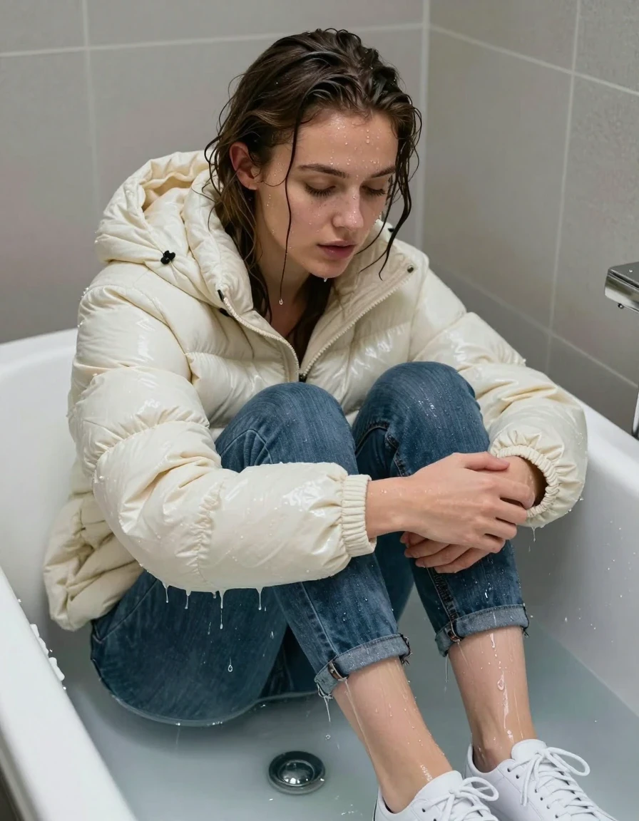 photo of young woman, in soaking wet, drenched clothes,
white shoes, Jeans, Como 1 puffy jacket model bergen, tub, 
enjoying, wet clothes stuck to body,
detailed textures of the wet clothes, wet face, wet plastered hair,
wet, drenched, professional, high-quality details, full body view.
sharp focus, ultra-high pixel detail, realistic, high-quality, full colors, incredibly detailed, 4k, 8k, 16k, hyper-realistic, RAW photo, masterpiece, ultra-detailed, professionally color graded, professional photograph, Getting slowly wet in the tub, wet skin, wet clothes, damp fabric