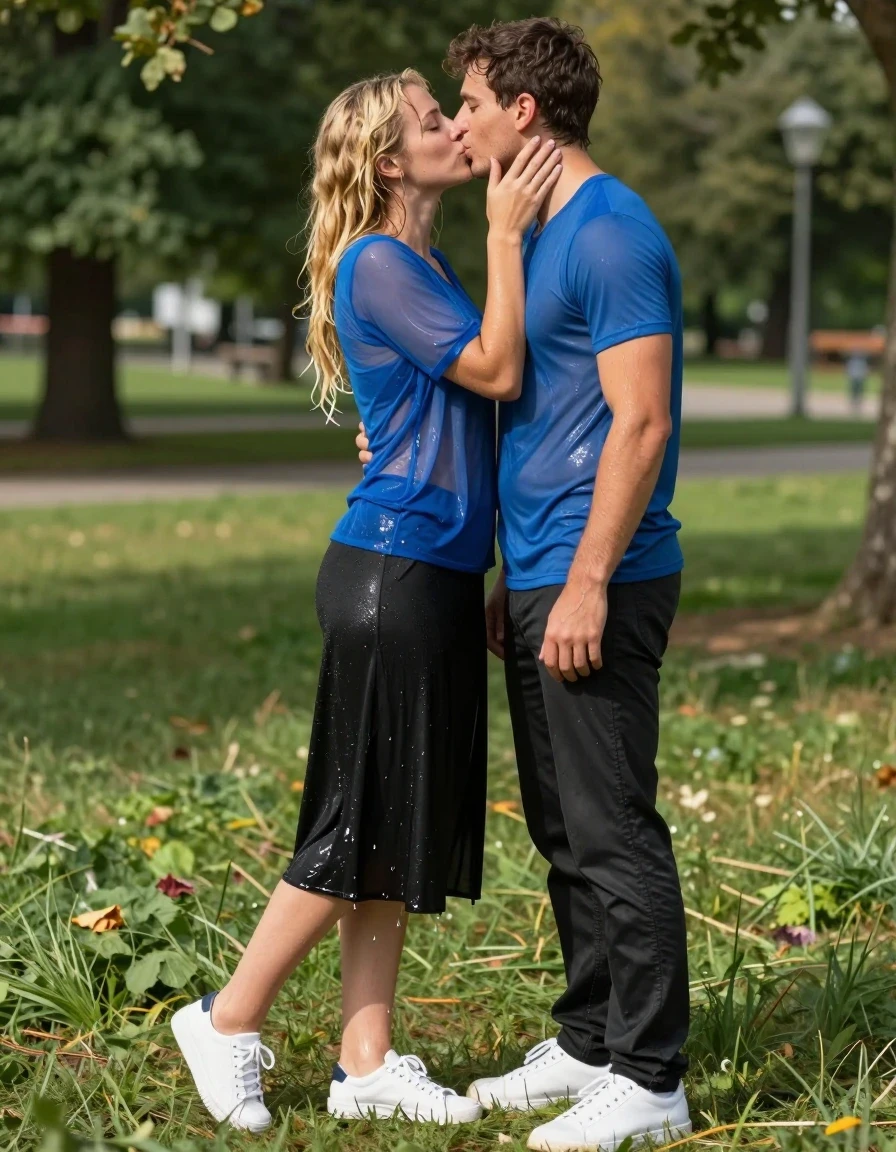 photo of young woman, in soaking wet, drenched clothes,
weiße Sneakers, schwarzer Midi Faltenrock, blaue transparente Sommerbluse mit Puffärmeln., Ein Park bei Sonnenschein., 
enjoying, wet clothes stuck to body,
detailed textures of the wet clothes, wet face, wet plastered hair,
wet, drenched, professional, high-quality details, full body view.
sharp focus, ultra-high pixel detail, realistic, high-quality, full colors, incredibly detailed, 4k, 8k, 16k, hyper-realistic, RAW photo, masterpiece, ultra-detailed, professionally color graded, professional photograph, Ganzkörperansicht eines sehr jungen Mädchens mit langen blonden Haaren, die bis zur Hüfte reichen. Ihre Haare sind verschwitzt und kleben an ihrem Kopf. Sie schwitzt in der Sonne sehr stark, ihre Bluse ist daher nass und verschwitzt. Unter dem verklebten Stoff sind ihre Brüste zu sehen, Ihr gegenüber steht ein junger Mann mit Badehose. Sie küssen sich leidenschaftlich auf den Mund., wet skin, wet clothes, damp fabric