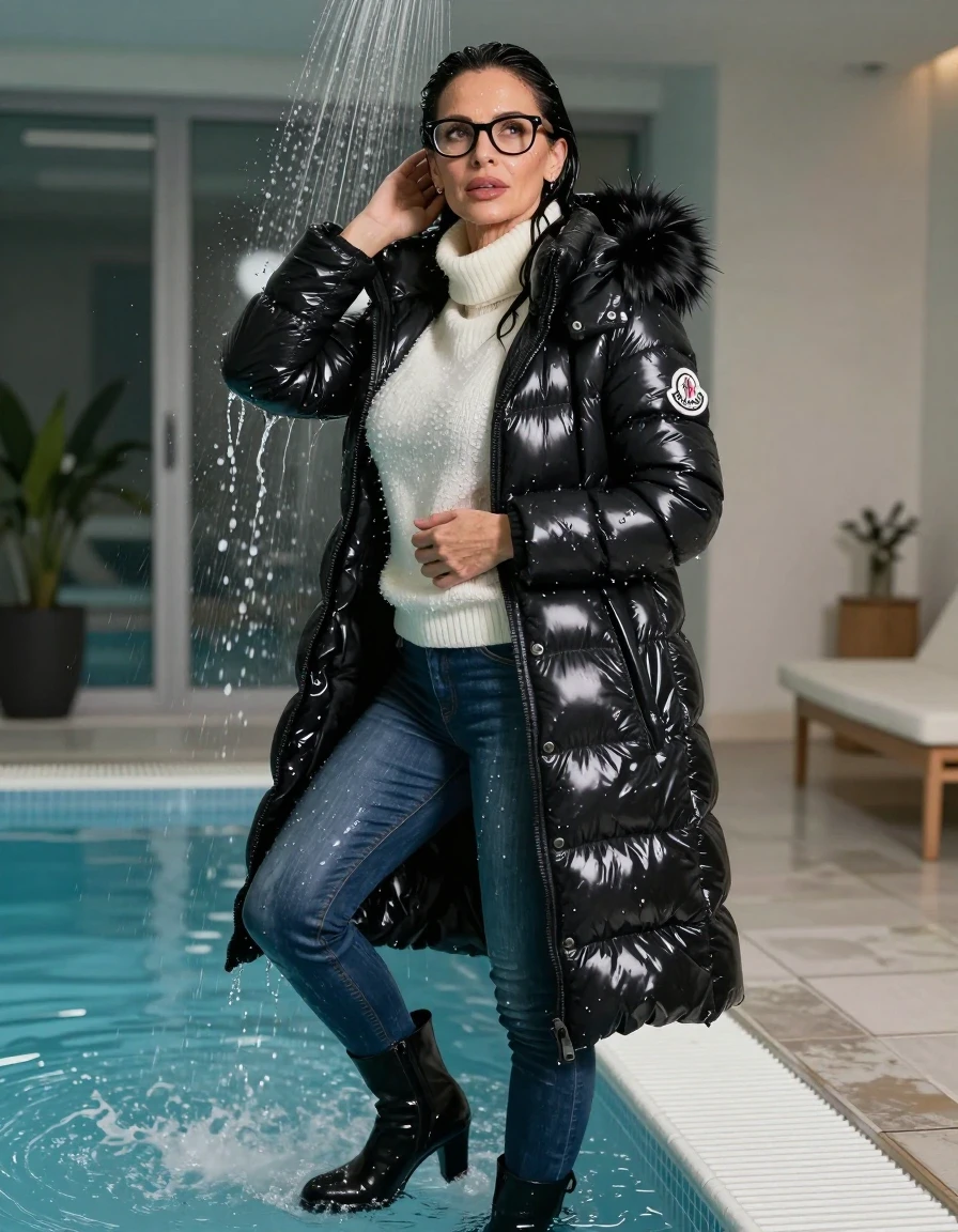 photo of young woman, in soaking wet, drenched clothes,
black heeled boots, long blue leather jeans, white sweater with neck, maxi black Moncler Shiny puffer down jacket with fur, taking shower after bath in indoor pool, enjoying wet clothes stuck body, enjoying, wet clothes stuck to body, 
enjoying, wet clothes stuck to body,
detailed textures of the wet clothes, wet face, wet plastered hair,
wet, drenched, professional, high-quality details, full body view.
sharp focus, ultra-high pixel detail, realistic, high-quality, full colors, incredibly detailed, 4k, 8k, 16k, hyper-realistic, RAW photo, masterpiece, ultra-detailed, professionally color graded, professional photograph, europen brunette skinny woman 50 years old, long dark black hair, office glasses, very big and thick lips, complete body, wet skin, wet clothes, damp fabric, wet skin, wet clothes, damp fabric, wet skin, wet clothes, damp fabric, wet skin, wet clothes, damp fabric, wet skin, wet clothes, damp fabric, wet skin, wet clothes, damp fabric, wet skin, wet clothes, damp fabric