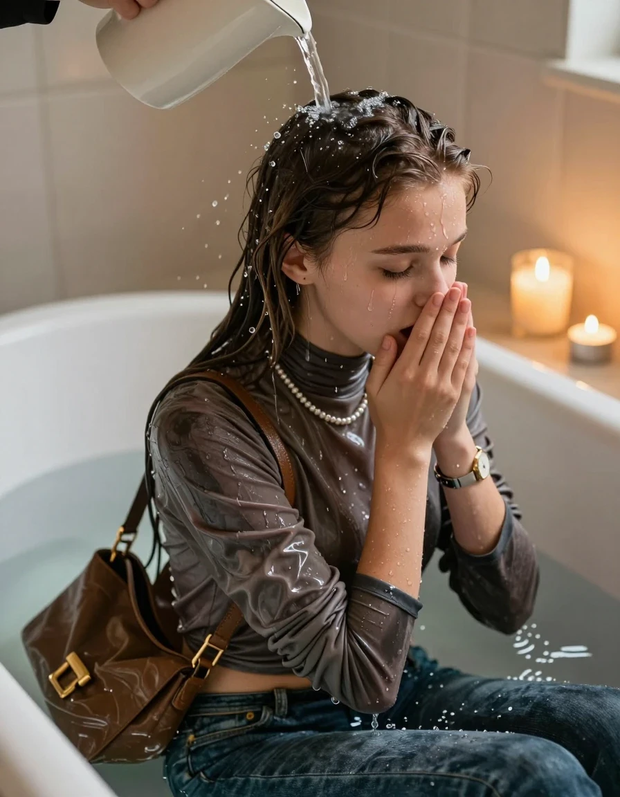 photo of young woman, in soaking wet, drenched clothes,
, Skinny jeans, Leatherjacket, tight turtleneck sweater belly free, shoulderbag, pearl necklace, bracelet, wristwatch, Bathtube, 
enjoying, wet clothes stuck to body,
detailed textures of the wet clothes, wet face, wet plastered hair,
wet, drenched, professional, high-quality details, full body view.
sharp focus, ultra-high pixel detail, realistic, high-quality, full colors, incredibly detailed, 4k, 8k, 16k, hyper-realistic, RAW photo, masterpiece, ultra-detailed, professionally color graded, professional photograph, Long Sleek straight hair

Two 15-years-old  teenage girl 

Only head and shoulders are over the surface visible. Looking down. Open mouth. Covers her nose with a hand. Water running down her face and neck.

sitting in a deep, white porcelain bathtub filled with warm, steaming water. She is leaning her head back with a serene and expectant expression, eyes closed. A gentle stream of water is pouring from a simple pitcher onto her hairline, with the hair in the immediate area beginning to darken and nestle down from the saturation, while the rest of her hair remains dry. The bathroom is softly lit by the warm, flickering glow of multiple tea lights placed around the tub and a larger scented candle nearby, creating a romantic and intimate atmosphere. High-quality, 16k resolution.

she is completely underwater up to her neck, afraid and astonished expression. 

her clothing is soaking wet and clinging tightly to her skin, showing heavy wet folds, darkened fabric texture, and deep water-saturated Patches, her clothes are heavy from the water, water runs from her body and her clothes in streams. A lot of water also runs out of her clothes. Her clothes are darkened by the water. Her submerged clothes are good visible under the water.  she soaked her handbag into the water.

close up view, wet skin, wet clothes, wet hair, damp fabric, water runs down the clothes, wet skin, wet clothes, damp fabric. cinematic medium shot, hyper-realistic wetness, high-contrast water sheen, sharp focus, 16k resolution, professional photography, realistic water physics., wet skin, wet clothes, damp fabric, wet skin, wet clothes, damp fabric, wet skin, wet clothes, damp fabric, wet skin, wet clothes, damp fabric, wet skin, wet clothes, damp fabric, wet skin, wet clothes, damp fabric, wet skin, wet clothes, damp fabric, wet skin, wet clothes, damp fabric, wet skin, wet clothes, damp fabric, wet skin, wet clothes, damp fabric, wet skin, wet clothes, damp fabric, wet skin, wet clothes, damp fabric, wet skin, wet clothes, damp fabric, wet skin, wet clothes, damp fabric