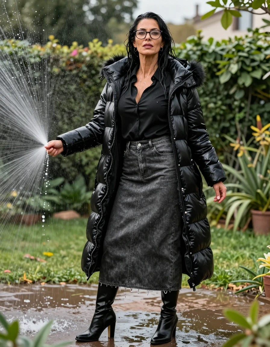 photo of young woman, in soaking wet, drenched clothes,
black heeled boots, long gray leather denim skirt, black satin shirt, maxi black Shiny puffer down jacket with fur, in sunny garden under sprinklers enjoying wet clothes stuck body, enjoying, wet clothes stuck to body, 
enjoying, wet clothes stuck to body,
detailed textures of the wet clothes, wet face, wet plastered hair,
wet, drenched, professional, high-quality details, full body view.
sharp focus, ultra-high pixel detail, realistic, high-quality, full colors, incredibly detailed, 4k, 8k, 16k, hyper-realistic, RAW photo, masterpiece, ultra-detailed, professionally color graded, professional photograph, europen brunette skinny woman 50 years old, long dark black hair, office glasses, very big and thick lips, complete body, wet skin, wet clothes, damp fabric, wet skin, wet clothes, damp fabric, wet skin, wet clothes, damp fabric, wet skin, wet clothes, damp fabric, wet skin, wet clothes, damp fabric, wet skin, wet clothes, damp fabric, wet skin, wet clothes, damp fabric