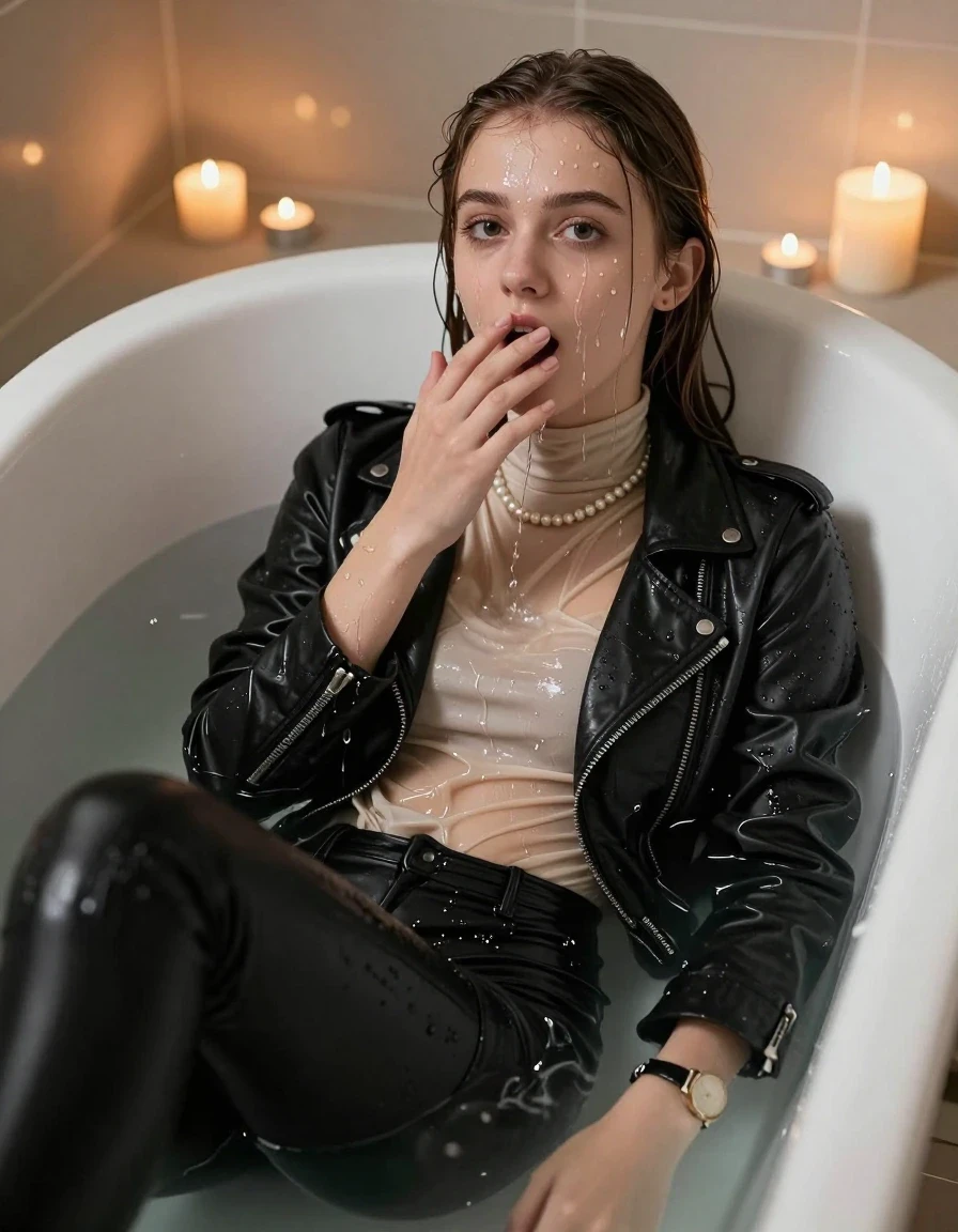 photo of young woman, in soaking wet, drenched clothes,
, Black leatherleggings , Black Leatherjacket, light beige tight turtleneck sweater, shoulderbag, pearl necklace, bracelet, wristwatch, Bathtube, 
enjoying, wet clothes stuck to body,
detailed textures of the wet clothes, wet face, wet plastered hair,
wet, drenched, professional, high-quality details, full body view.
sharp focus, ultra-high pixel detail, realistic, high-quality, full colors, incredibly detailed, 4k, 8k, 16k, hyper-realistic, RAW photo, masterpiece, ultra-detailed, professionally color graded, professional photograph, Sleek long straight hair
15-years-old  teenage girl 

Only head and shoulders are over the surface visible.  Looking at camera.  Open mouth, big eyes. Hold a hand over her mouth. Water running down her face and neck and clothes.

sitting in a deep, white porcelain bathtub filled with warm, steaming water. She is leaning her head back with a horny and sexuell aroused expression. The bathroom is softly lit by the warm, flickering glow of multiple tea lights placed around the tub and a larger scented candle nearby, creating a romantic and intimate atmosphere. High-quality, 16k resolution.

she is completely underwater up to her neck, afraid and astonished expression. 

her clothing is soaking wet and clinging tightly to her skin, showing heavy wet folds, darkened fabric texture, and deep water-saturated Patches, her clothes are heavy from the water, water runs from her body and her clothes in streams. A lot of water also runs out of her clothes. Her clothes are darkened by the water. Her submerged clothes are good visible under the water.  she soaked her handbag into the water.

close up view, wet skin, wet clothes, wet hair, damp fabric, water runs down the clothes, wet skin, wet clothes, damp fabric. cinematic medium shot, hyper-realistic wetness, high-contrast water sheen, sharp focus, 16k resolution, professional photography, realistic water physics., wet skin, wet clothes, damp fabric, wet skin, wet clothes, damp fabric, wet skin, wet clothes, damp fabric, wet skin, wet clothes, damp fabric, wet skin, wet clothes, damp fabric, wet skin, wet clothes, damp fabric, wet skin, wet clothes, damp fabric, wet skin, wet clothes, damp fabric, wet skin, wet clothes, damp fabric, wet skin, wet clothes, damp fabric, wet skin, wet clothes, damp fabric, wet skin, wet clothes, damp fabric, wet skin, wet clothes, damp fabric, wet skin, wet clothes, damp fabric, wet skin, wet clothes, damp fabric