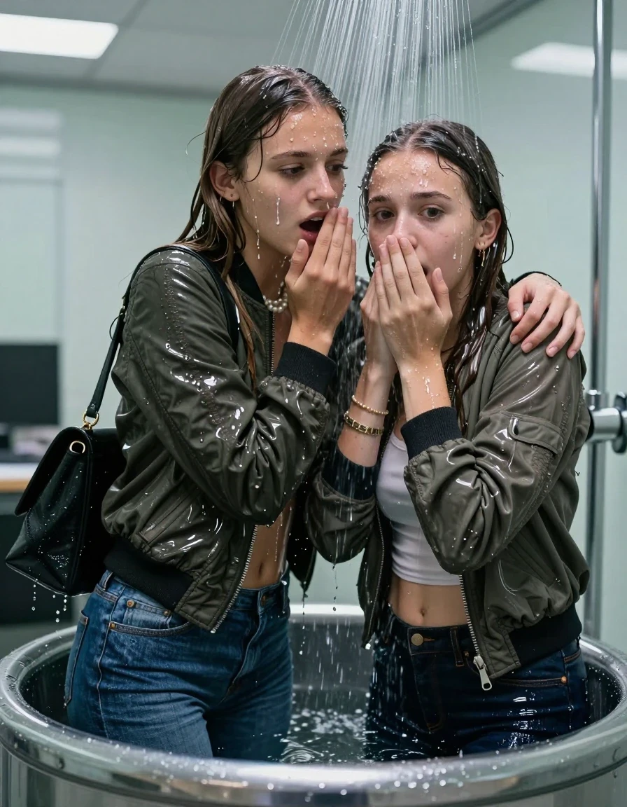 photo of young woman, in soaking wet, drenched clothes,
, Skinny jeans, Bomber jacket , Long sleeve turtleneck sweater belly free, shoulderbag, pearl necklace, bracelet, wristwatch, Under the shower emerging in a tube, strong jet of water, at office, 
enjoying, wet clothes stuck to body,
detailed textures of the wet clothes, wet face, wet plastered hair,
wet, drenched, professional, high-quality details, full body view.
sharp focus, ultra-high pixel detail, realistic, high-quality, full colors, incredibly detailed, 4k, 8k, 16k, hyper-realistic, RAW photo, masterpiece, ultra-detailed, professionally color graded, professional photograph, Long Sleek straight hair

Two 15-years-old  teenage girl and her female  friends

Only head and shoulders are over the surface visible. Looking at camera. Open mouth. Covers her nose with a hand. hugs her friend. Water running down her face and neck.

The girls wear different clothes and jackets.

she is completely underwater up to her neck, afraid and astonished expression. 

her clothing is soaking wet and clinging tightly to her skin, showing heavy wet folds, darkened fabric texture, and deep water-saturated Patches, her clothes are heavy from the water, water runs from her body and her clothes in streams. A lot of water also runs out of her clothes. Her clothes are darkened by the water. Her submerged clothes are good visible under the water.  she soaked her handbag into the water.

close up view, wet skin, wet clothes, wet hair, damp fabric, water runs down the clothes, wet skin, wet clothes, damp fabric. cinematic medium shot, hyper-realistic wetness, high-contrast water sheen, sharp focus, 16k resolution, professional photography, realistic water physics., wet skin, wet clothes, damp fabric, wet skin, wet clothes, damp fabric, wet skin, wet clothes, damp fabric, wet skin, wet clothes, damp fabric, wet skin, wet clothes, damp fabric, wet skin, wet clothes, damp fabric, wet skin, wet clothes, damp fabric, wet skin, wet clothes, damp fabric, wet skin, wet clothes, damp fabric, wet skin, wet clothes, damp fabric, wet skin, wet clothes, damp fabric, wet skin, wet clothes, damp fabric