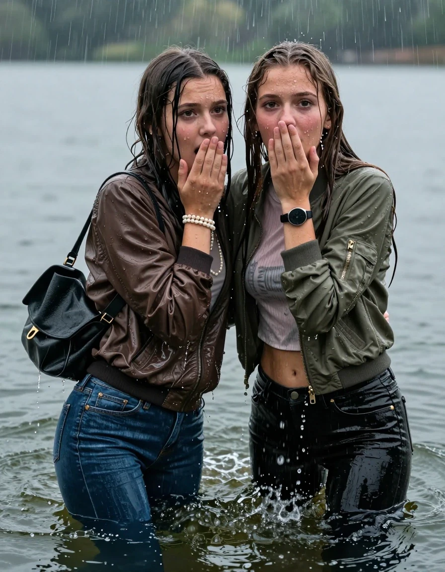photo of young woman, in soaking wet, drenched clothes,
, Skinny jeans, Bomber jacket , Long sleeve turtleneck sweater belly free, shoulderbag, pearl necklace, bracelet, wristwatch, Under heavy rain emerging in a lake, 
enjoying, wet clothes stuck to body,
detailed textures of the wet clothes, wet face, wet plastered hair,
wet, drenched, professional, high-quality details, full body view.
sharp focus, ultra-high pixel detail, realistic, high-quality, full colors, incredibly detailed, 4k, 8k, 16k, hyper-realistic, RAW photo, masterpiece, ultra-detailed, professionally color graded, professional photograph, Long Sleek straight hair

Two 15-years-old  teenage girl and her female  friends

Only head and shoulders are over the surface visible. Looking at camera. Open mouth. Covers her face with a hand. hugs her friend. Water running down her face and neck.

The girls wear different clothes and jackets.

she is completely underwater up to her neck, afraid and astonished expression. 

her clothing is soaking wet and clinging tightly to her skin, showing heavy wet folds, darkened fabric texture, and deep water-saturated Patches, her clothes are heavy from the water, water runs from her body and her clothes in streams. A lot of water also runs out of her clothes. Her clothes are darkened by the water. Her submerged clothes are good visible under the water.  she soaked her handbag into the water.

close up view, wet skin, wet clothes, wet hair, damp fabric, water runs down the clothes, wet skin, wet clothes, damp fabric. cinematic medium shot, hyper-realistic wetness, high-contrast water sheen, sharp focus, 16k resolution, professional photography, realistic water physics., wet skin, wet clothes, damp fabric, wet skin, wet clothes, damp fabric, wet skin, wet clothes, damp fabric, wet skin, wet clothes, damp fabric, wet skin, wet clothes, damp fabric, wet skin, wet clothes, damp fabric, wet skin, wet clothes, damp fabric, wet skin, wet clothes, damp fabric, wet skin, wet clothes, damp fabric, wet skin, wet clothes, damp fabric, wet skin, wet clothes, damp fabric