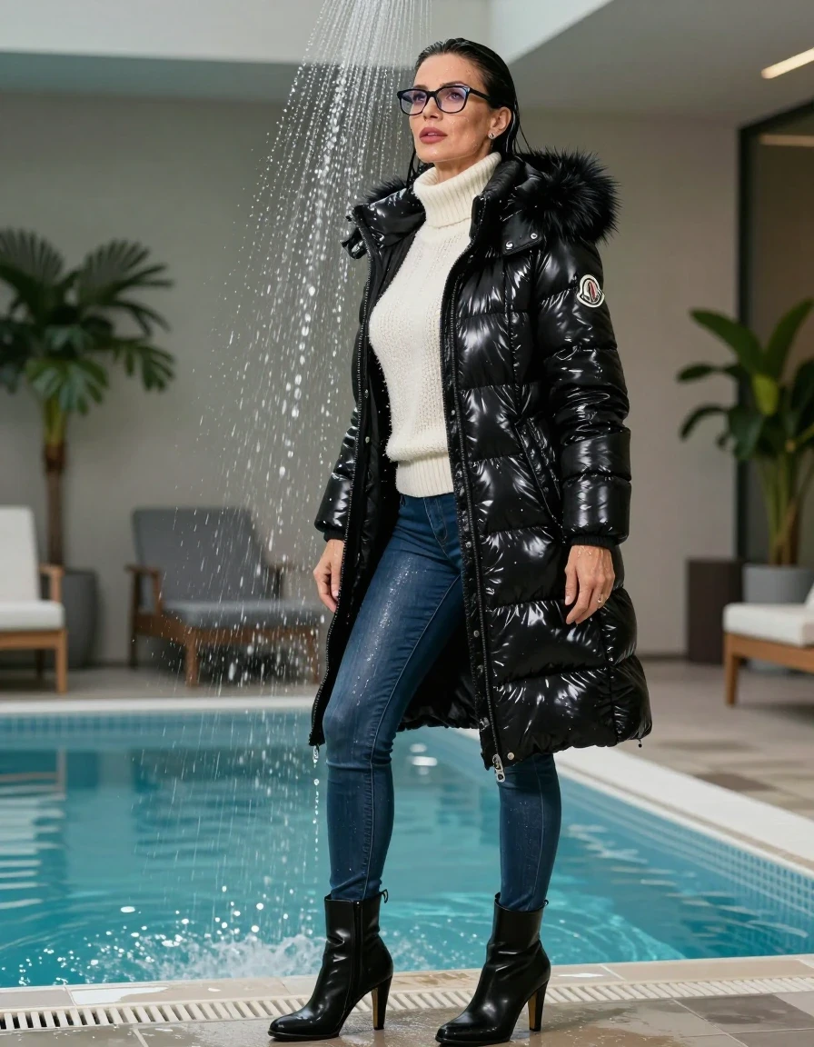 photo of young woman, in soaking wet, drenched clothes,
black heeled boots, long blue leather jeans, white sweater with neck, maxi black Moncler Shiny puffer down jacket with fur, taking shower after bath in indoor pool, enjoying wet clothes stuck body, enjoying, wet clothes stuck to body, 
enjoying, wet clothes stuck to body,
detailed textures of the wet clothes, wet face, wet plastered hair,
wet, drenched, professional, high-quality details, full body view.
sharp focus, ultra-high pixel detail, realistic, high-quality, full colors, incredibly detailed, 4k, 8k, 16k, hyper-realistic, RAW photo, masterpiece, ultra-detailed, professionally color graded, professional photograph, europen brunette skinny woman 50 years old, long dark black hair, office glasses, very big and thick lips, complete body, wet skin, wet clothes, damp fabric, wet skin, wet clothes, damp fabric, wet skin, wet clothes, damp fabric, wet skin, wet clothes, damp fabric, wet skin, wet clothes, damp fabric, wet skin, wet clothes, damp fabric, wet skin, wet clothes, damp fabric