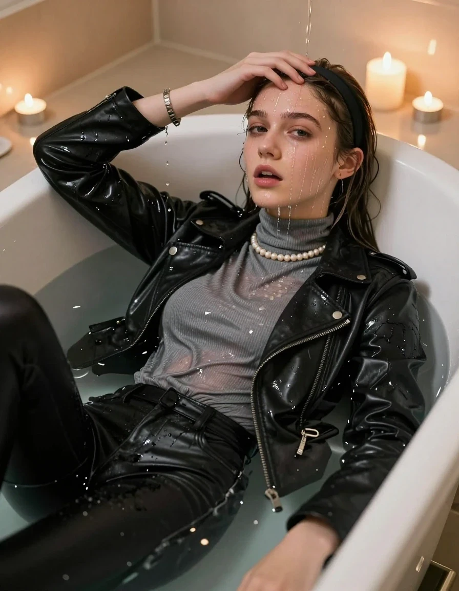 photo of young woman, in soaking wet, drenched clothes,
, Black leatherleggings , Black Leatherjacket, grey tight turtleneck sweater, shoulderbag, pearl necklace, bracelet, wristwatch, Bathtube, 
enjoying, wet clothes stuck to body,
detailed textures of the wet clothes, wet face, wet plastered hair,
wet, drenched, professional, high-quality details, full body view.
sharp focus, ultra-high pixel detail, realistic, high-quality, full colors, incredibly detailed, 4k, 8k, 16k, hyper-realistic, RAW photo, masterpiece, ultra-detailed, professionally color graded, professional photograph, Sleek long straight hair with wide hairband. 
15-years-old  teenage girl 

Only head and shoulders are over the surface visible.  Looking at camera.  Open mouth, half closed eyes. Hold a hand on her forehead. Water running down her face and neck and clothes.

Lying in a deep, white porcelain bathtub filled with warm, steaming water. She is leaning her head back with a horny and sexuell aroused expression. The bathroom is softly lit by the warm, flickering glow of multiple tea lights placed around the tub and a larger scented candle nearby, creating a romantic and intimate atmosphere. High-quality, 16k resolution.

she is completely underwater up to her neck, afraid and astonished expression. 

her clothing is soaking wet and clinging tightly to her skin, showing heavy wet folds, darkened fabric texture, and deep water-saturated Patches, her clothes are heavy from the water, water runs from her body and her clothes in streams. A lot of water also runs out of her clothes. Her clothes are darkened by the water. Her submerged clothes are good visible under the water.  she soaked her handbag into the water.

close up view, wet skin, wet clothes, wet hair, damp fabric, water runs down the clothes, wet skin, wet clothes, damp fabric. cinematic medium shot, hyper-realistic wetness, high-contrast water sheen, sharp focus, 16k resolution, professional photography, realistic water physics., wet skin, wet clothes, damp fabric, wet skin, wet clothes, damp fabric, wet skin, wet clothes, damp fabric, wet skin, wet clothes, damp fabric, wet skin, wet clothes, damp fabric, wet skin, wet clothes, damp fabric, wet skin, wet clothes, damp fabric, wet skin, wet clothes, damp fabric, wet skin, wet clothes, damp fabric, wet skin, wet clothes, damp fabric, wet skin, wet clothes, damp fabric, wet skin, wet clothes, damp fabric, wet skin, wet clothes, damp fabric, wet skin, wet clothes, damp fabric, wet skin, wet clothes, damp fabric