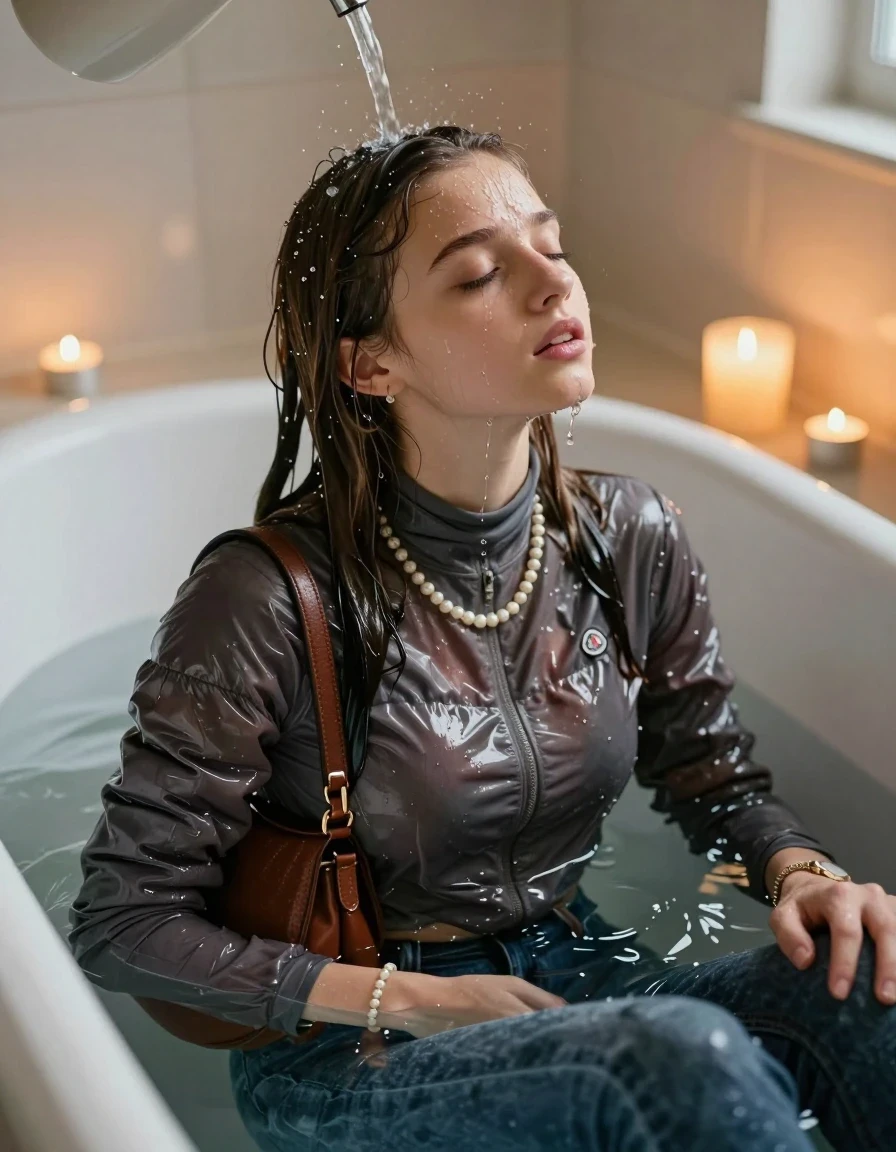 photo of young woman, in soaking wet, drenched clothes,
, Skinny jeans, Moncler shiny puffer down jacket, tight turtleneck sweater belly free, shoulderbag, pearl necklace, bracelet, wristwatch, Bathtube, 
enjoying, wet clothes stuck to body,
detailed textures of the wet clothes, wet face, wet plastered hair,
wet, drenched, professional, high-quality details, full body view.
sharp focus, ultra-high pixel detail, realistic, high-quality, full colors, incredibly detailed, 4k, 8k, 16k, hyper-realistic, RAW photo, masterpiece, ultra-detailed, professionally color graded, professional photograph, Long Sleek straight hair

15-years-old  teenage girl 

Only head and shoulders are over the surface visible. Open mouth. Water running down her face and neck.

sitting in a deep, white porcelain bathtub filled with warm, steaming water. She is leaning her head back with a serene and expectant expression, eyes closed. A gentle stream of water is pouring from a simple pitcher onto her hairline, with the hair in the immediate area beginning to darken and nestle down from the saturation, while the rest of her hair remains dry. The bathroom is softly lit by the warm, flickering glow of multiple tea lights placed around the tub and a larger scented candle nearby, creating a romantic and intimate atmosphere. High-quality, 16k resolution.

she is completely underwater up to her neck, afraid and astonished expression. 

her clothing is soaking wet and clinging tightly to her skin, showing heavy wet folds, darkened fabric texture, and deep water-saturated Patches, her clothes are heavy from the water, water runs from her body and her clothes in streams. A lot of water also runs out of her clothes. Her clothes are darkened by the water. Her submerged clothes are good visible under the water.  she soaked her handbag into the water.

close up view, wet skin, wet clothes, wet hair, damp fabric, water runs down the clothes, wet skin, wet clothes, damp fabric. cinematic medium shot, hyper-realistic wetness, high-contrast water sheen, sharp focus, 16k resolution, professional photography, realistic water physics., wet skin, wet clothes, damp fabric, wet skin, wet clothes, damp fabric, wet skin, wet clothes, damp fabric, wet skin, wet clothes, damp fabric, wet skin, wet clothes, damp fabric, wet skin, wet clothes, damp fabric, wet skin, wet clothes, damp fabric, wet skin, wet clothes, damp fabric, wet skin, wet clothes, damp fabric, wet skin, wet clothes, damp fabric, wet skin, wet clothes, damp fabric, wet skin, wet clothes, damp fabric, wet skin, wet clothes, damp fabric, wet skin, wet clothes, damp fabric