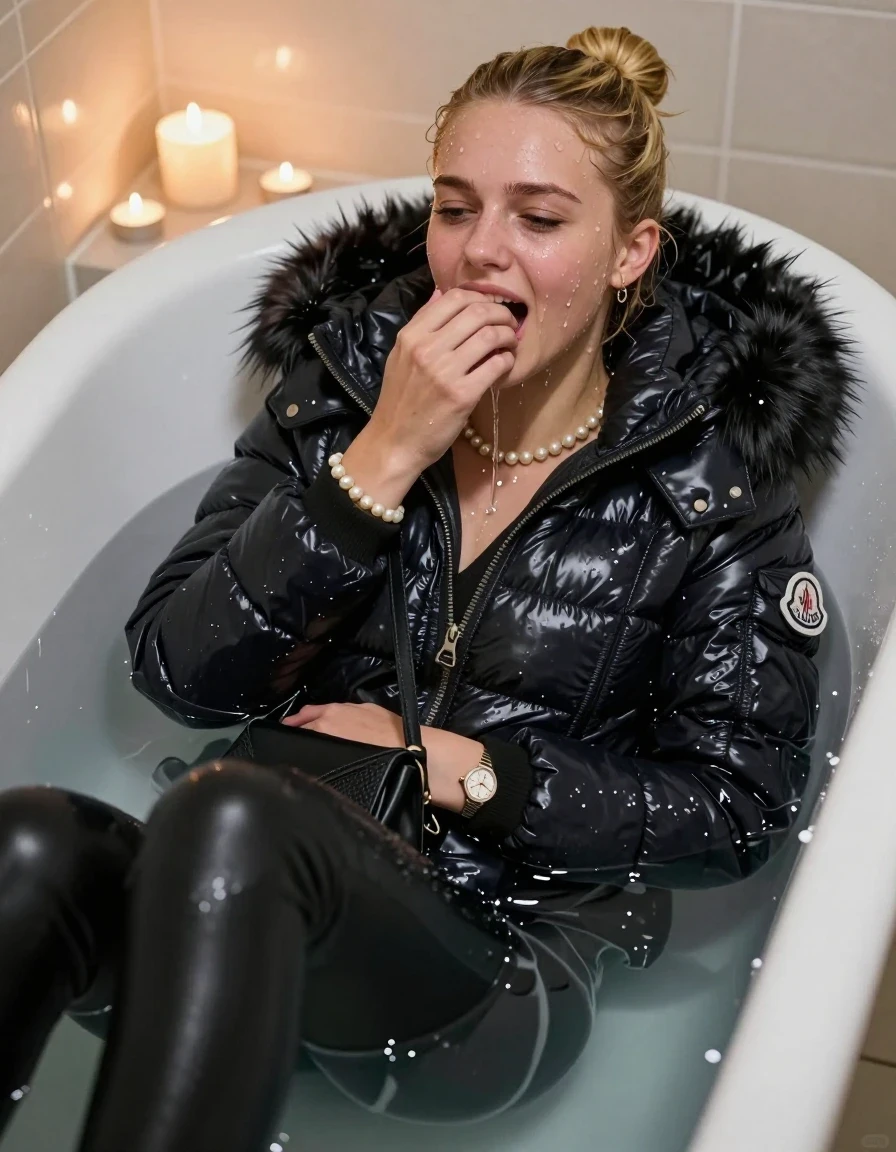 photo of young woman, in soaking wet, drenched clothes,
, Black leatherleggings , moncler shiny puffer down jacket with fur, v-neck sweater, shoulderbag, pearl necklace, bracelet, wristwatch, Bathtube, 
enjoying, wet clothes stuck to body,
detailed textures of the wet clothes, wet face, wet plastered hair,
wet, drenched, professional, high-quality details, full body view.
sharp focus, ultra-high pixel detail, realistic, high-quality, full colors, incredibly detailed, 4k, 8k, 16k, hyper-realistic, RAW photo, masterpiece, ultra-detailed, professionally color graded, professional photograph, Blonde sleek bun 
15-years-old  teenage girl 

Only head and shoulders are over the surface visible.  Looking at camera. half closed eyes. Hold a hand on her mouth. 

Sitting in a deep, white porcelain bathtub filled with warm, steaming water. She is leaning her head back with a horny and sexuell aroused expression. She has a great orgasm and moans heavy. The bathroom is softly lit by the warm, flickering glow of multiple tea lights placed around the tub and a larger scented candle nearby, creating a romantic and intimate atmosphere. High-quality, 16k resolution.

she is completely underwater up to her neck, afraid and astonished expression. 

her clothing is soaking wet and clinging tightly to her skin, showing heavy wet folds, darkened fabric texture, and deep water-saturated Patches, her clothes are heavy from the water, water runs from her body and her clothes in streams. A lot of water also runs out of her clothes. Her clothes are darkened by the water. Her submerged clothes are good visible under the water.  she soaked her handbag into the water.

close up view, wet skin, wet clothes, wet hair, damp fabric, water runs down the clothes, wet skin, wet clothes, damp fabric. cinematic medium shot, hyper-realistic wetness, high-contrast water sheen, sharp focus, 16k resolution, professional photography, realistic water physics., wet skin, wet clothes, damp fabric, wet skin, wet clothes, damp fabric, wet skin, wet clothes, damp fabric, wet skin, wet clothes, damp fabric, wet skin, wet clothes, damp fabric, wet skin, wet clothes, damp fabric, wet skin, wet clothes, damp fabric, wet skin, wet clothes, damp fabric, wet skin, wet clothes, damp fabric, wet skin, wet clothes, damp fabric, wet skin, wet clothes, damp fabric, wet skin, wet clothes, damp fabric, wet skin, wet clothes, damp fabric, wet skin, wet clothes, damp fabric, wet skin, wet clothes, damp fabric
