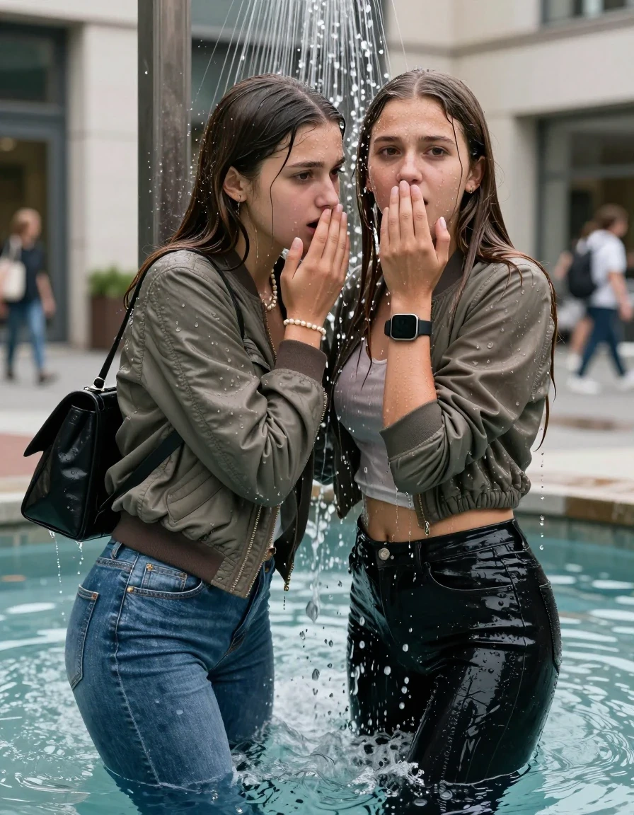 photo of young woman, in soaking wet, drenched clothes,
, Skinny jeans, Bomber jacket , Long sleeve turtleneck sweater belly free, shoulderbag, pearl necklace, bracelet, wristwatch, Under the shower Standings in fountain in front of a office on the street, strong jet of water, 
enjoying, wet clothes stuck to body,
detailed textures of the wet clothes, wet face, wet plastered hair,
wet, drenched, professional, high-quality details, full body view.
sharp focus, ultra-high pixel detail, realistic, high-quality, full colors, incredibly detailed, 4k, 8k, 16k, hyper-realistic, RAW photo, masterpiece, ultra-detailed, professionally color graded, professional photograph, Long Sleek straight hair

Two 15-years-old  teenage girl and her female  friends

Only head and shoulders are over the surface visible. Looking at camera. Open mouth. Covers her nose with a hand. hugs her friend. Water running down her face and neck.

The girls wear different clothes and jackets.

she is completely underwater up to her neck, afraid and astonished expression. 

her clothing is soaking wet and clinging tightly to her skin, showing heavy wet folds, darkened fabric texture, and deep water-saturated Patches, her clothes are heavy from the water, water runs from her body and her clothes in streams. A lot of water also runs out of her clothes. Her clothes are darkened by the water. Her submerged clothes are good visible under the water.  she soaked her handbag into the water.

close up view, wet skin, wet clothes, wet hair, damp fabric, water runs down the clothes, wet skin, wet clothes, damp fabric. cinematic medium shot, hyper-realistic wetness, high-contrast water sheen, sharp focus, 16k resolution, professional photography, realistic water physics., wet skin, wet clothes, damp fabric, wet skin, wet clothes, damp fabric, wet skin, wet clothes, damp fabric, wet skin, wet clothes, damp fabric, wet skin, wet clothes, damp fabric, wet skin, wet clothes, damp fabric, wet skin, wet clothes, damp fabric, wet skin, wet clothes, damp fabric, wet skin, wet clothes, damp fabric, wet skin, wet clothes, damp fabric, wet skin, wet clothes, damp fabric, wet skin, wet clothes, damp fabric