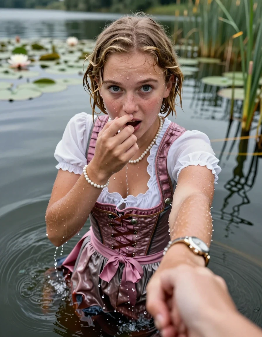photo of young woman, in soaking wet, drenched clothes,
, , Short pink and white Dirndl, shoulderbag, pearl necklace, bracelet, wristwatch, Go back deep into the water after diving in a lake with water lilies and reeds, 
enjoying, wet clothes stuck to body,
detailed textures of the wet clothes, wet face, wet plastered hair,
wet, drenched, professional, high-quality details, full body view.
sharp focus, ultra-high pixel detail, realistic, high-quality, full colors, incredibly detailed, 4k, 8k, 16k, hyper-realistic, RAW photo, masterpiece, ultra-detailed, professionally color graded, professional photograph, Blonde Pigtails

15 years old  teenage girl

Looking at camera, open mouth, big eyes. hold with a hand the other the viewer's hand, pulling them toward the center of the water. One hand in front of her nose. Whole body and shoulders are submerged under the surface. Looking up at camera. horny eyes.

she is completely underwater up to her neck,  afraid and astonished expression. Slightly smile.

her submerged clothes are hardly vusible under water, she soaked her handbag into the water
she is completely underwater up to her neck, afraid and astonished expression. 

her clothing is soaking wet and clinging tightly to her skin, showing heavy wet folds, darkened fabric texture, and deep water-saturated Patches, her clothes are heavy from the water, water runs from her body and her clothes in streams. A lot of water also runs out of her clothes. Her clothes are darkened by the water. Her submerged clothes are good visible under the water.  she soaked her handbag into the water.

close up view, wet skin, wet clothes, wet hair, damp fabric, water runs down the clothes, wet skin, wet clothes, damp fabric. cinematic medium shot, hyper-realistic wetness, high-contrast water sheen, sharp focus, 16k resolution, professional photography, realistic water physics., wet skin, wet clothes, damp fabric, wet skin, wet clothes, damp fabric, wet skin, wet clothes, damp fabric