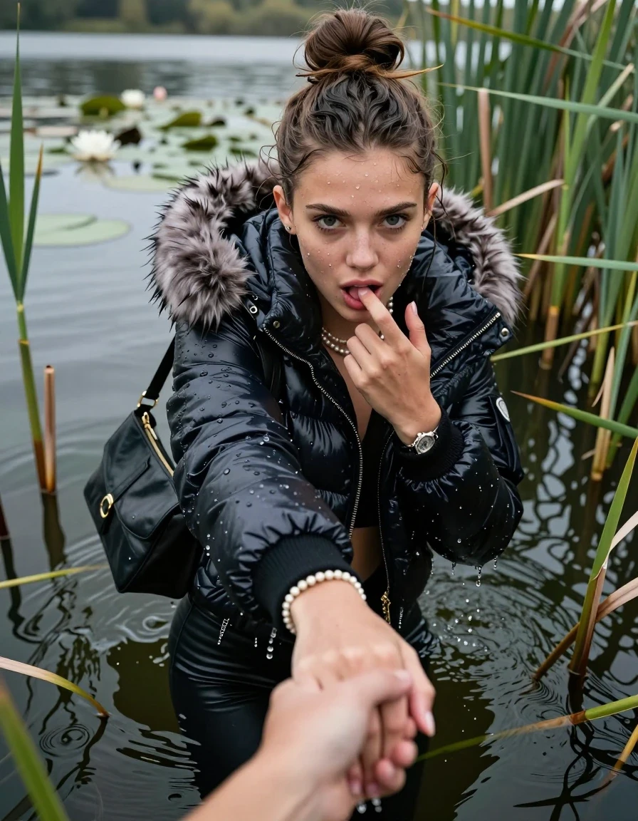 photo of young woman, in soaking wet, drenched clothes,
, black leatherleggings , Moncler shiny puffer down coat with fur, v-neck sweater, shoulderbag, pearl necklace, bracelet, wristwatch, Go back in the water after diving in a lake with water lilies and reeds, 
enjoying, wet clothes stuck to body,
detailed textures of the wet clothes, wet face, wet plastered hair,
wet, drenched, professional, high-quality details, full body view.
sharp focus, ultra-high pixel detail, realistic, high-quality, full colors, incredibly detailed, 4k, 8k, 16k, hyper-realistic, RAW photo, masterpiece, ultra-detailed, professionally color graded, professional photograph, Topknot

15 years old  teenage girl

open mouth, big eyes. 0ne hand with a finger at her tongue  inside her mouth, hold with the other the viewer's hand, pulling them toward the center of the water.  Whole body and shoulders are submerged under the surface. Looking up at camera. horny eyes.

she is completely underwater up to her neck,  horny and sexuell aroused expression.

She hides in the reeds.

her submerged clothes are hardly vusible under water, she soaked her handbag into the water
she is completely underwater up to her neck, afraid and astonished expression. 

her clothing is soaking wet and clinging tightly to her skin, showing heavy wet folds, darkened fabric texture, and deep water-saturated Patches, her clothes are heavy from the water, water runs from her body and her clothes in streams. A lot of water also runs out of her clothes. Her clothes are darkened by the water. Her submerged clothes are good visible under the water.  she soaked her handbag into the water.

close up view, wet skin, wet clothes, wet hair, damp fabric, water runs down the clothes, wet skin, wet clothes, damp fabric. cinematic medium shot, hyper-realistic wetness, high-contrast water sheen, sharp focus, 16k resolution, professional photography, realistic water physics., wet skin, wet clothes, damp fabric, wet skin, wet clothes, damp fabric