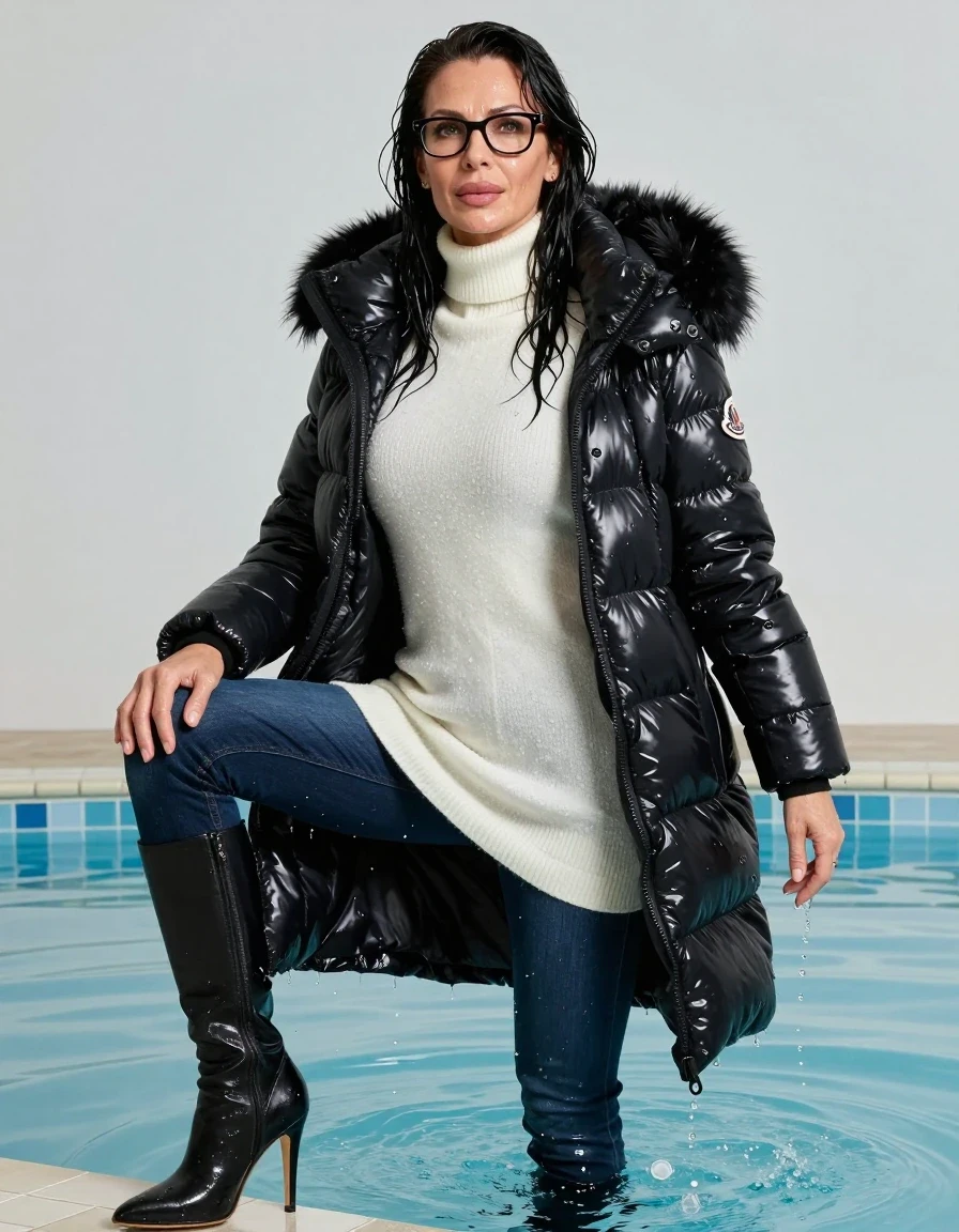 photo of young woman, in soaking wet, drenched clothes,
high-heeled boots, long dark blue leather jeans, white high-neck sweater dress, maxi black Moncler Shiny puffer down jacket with fur, swimming under water, enjoying wet clothes stuck body, enjoying, wet clothes stuck to body, 
enjoying, wet clothes stuck to body,
detailed textures of the wet clothes, wet face, wet plastered hair,
wet, drenched, professional, high-quality details, full body view.
sharp focus, ultra-high pixel detail, realistic, high-quality, full colors, incredibly detailed, 4k, 8k, 16k, hyper-realistic, RAW photo, masterpiece, ultra-detailed, professionally color graded, professional photograph, europen brunette skinny woman 50 years old, long dark black hair, office glasses, very big and thick lips, complete body, wet skin, wet clothes, damp fabric, wet skin, wet clothes, damp fabric, wet skin, wet clothes, damp fabric, wet skin, wet clothes, damp fabric, wet skin, wet clothes, damp fabric, wet skin, wet clothes, damp fabric, wet skin, wet clothes, damp fabric