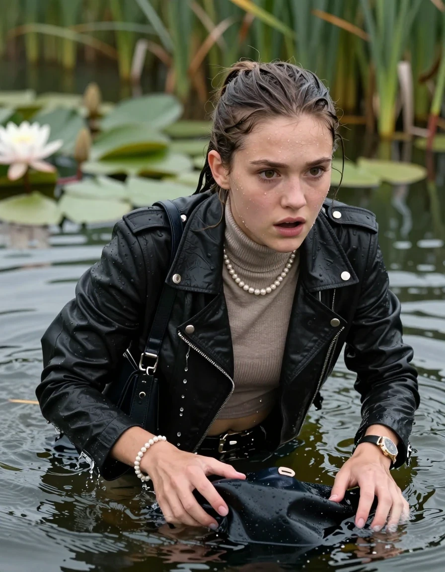 photo of young woman, in soaking wet, drenched clothes,
, , Biker leatherjacket, tight turtleneck sweater belly free, shoulderbag, pearl necklace, bracelet, wristwatch, Swimming and sinking deep into the water after diving in a lake with water lilies and reeds, 
enjoying, wet clothes stuck to body,
detailed textures of the wet clothes, wet face, wet plastered hair,
wet, drenched, professional, high-quality details, full body view.
sharp focus, ultra-high pixel detail, realistic, high-quality, full colors, incredibly detailed, 4k, 8k, 16k, hyper-realistic, RAW photo, masterpiece, ultra-detailed, professionally color graded, professional photograph, Sleek ponytail 

15 years old  teenage girl

Looking up at camera, Whole body and shoulders are submerged under the surface. horny eyes.

she is completely underwater up to her neck,  fearful and shocked expression. 

Leaning forward. Swimming Movements with Her Arms.

her submerged clothes are hardly vusible under water, she soaked her handbag into the water
she is completely underwater up to her neck, afraid and astonished expression. 

her clothing is soaking wet and clinging tightly to her skin, showing heavy wet folds, darkened fabric texture, and deep water-saturated Patches, her clothes are heavy from the water, water runs from her body and her clothes in streams. A lot of water also runs out of her clothes. Her clothes are darkened by the water. Her submerged clothes are good visible under the water.  she soaked her handbag into the water.

close up view, wet skin, wet clothes, wet hair, damp fabric, water runs down the clothes, wet skin, wet clothes, damp fabric. cinematic medium shot, hyper-realistic wetness, high-contrast water sheen, sharp focus, 16k resolution, professional photography, realistic water physics., wet skin, wet clothes, damp fabric, wet skin, wet clothes, damp fabric, wet skin, wet clothes, damp fabric