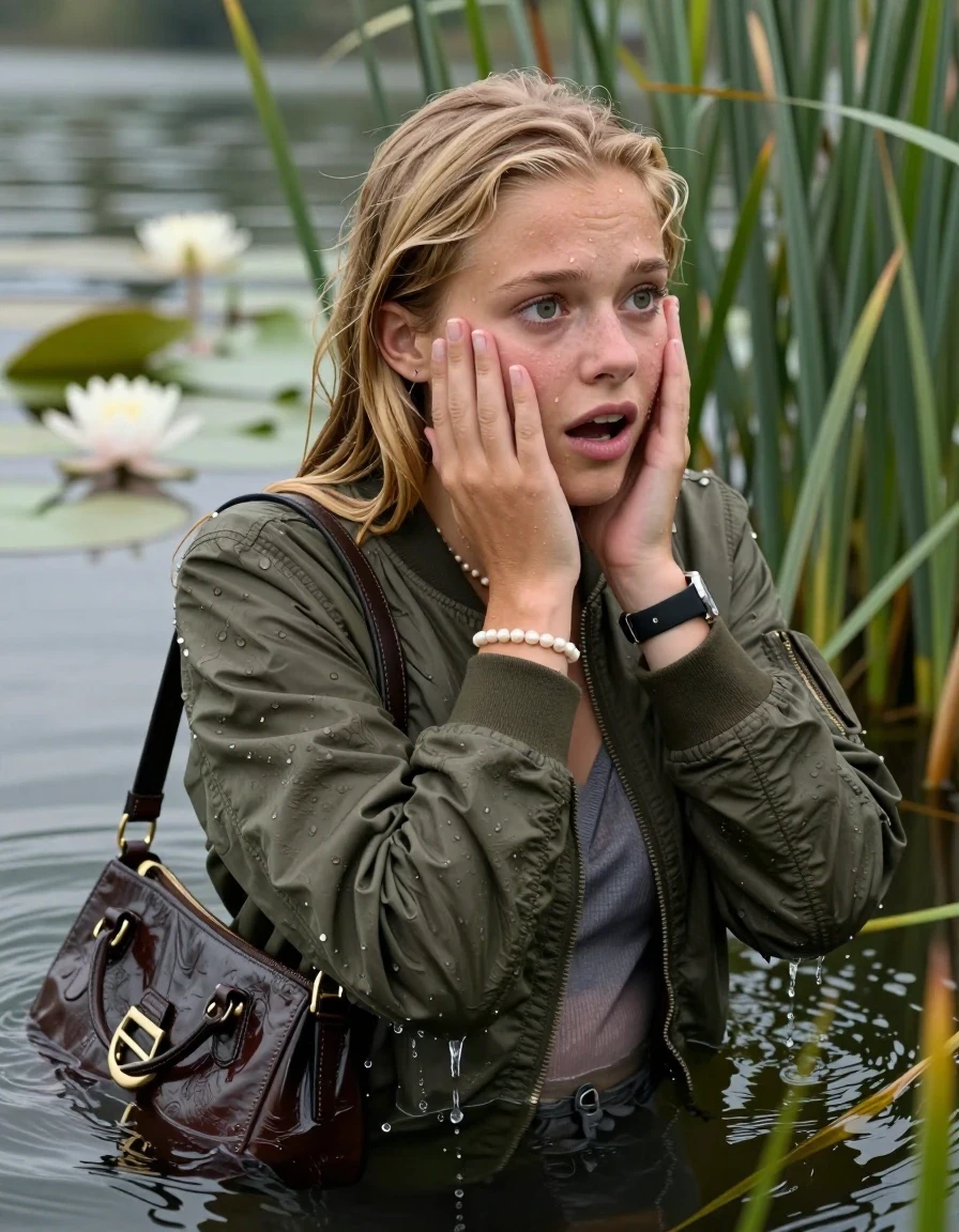 photo of young woman, in soaking wet, drenched clothes,
, , Bomber jacket, v-neck sweater, shoulderbag, pearl necklace, bracelet, wristwatch, Go back in the water after diving in a lake with water lilies and reeds, 
enjoying, wet clothes stuck to body,
detailed textures of the wet clothes, wet face, wet plastered hair,
wet, drenched, professional, high-quality details, full body view.
sharp focus, ultra-high pixel detail, realistic, high-quality, full colors, incredibly detailed, 4k, 8k, 16k, hyper-realistic, RAW photo, masterpiece, ultra-detailed, professionally color graded, professional photograph, Blonde sleek Long straight hair

15 years old  teenage girl

Looking slightly away, open mouth, big eyes. hands on her face. Whole body and shoulders are submerged under the surface.

she is completely underwater up to her neck,  horny and  enjoying expression.

She hides in the reeds.

her submerged clothes are hardly vusible under water, she soaked her handbag into the water
she is completely underwater up to her neck, afraid and astonished expression. 

her clothing is soaking wet and clinging tightly to her skin, showing heavy wet folds, darkened fabric texture, and deep water-saturated Patches, her clothes are heavy from the water, water runs from her body and her clothes in streams. A lot of water also runs out of her clothes. Her clothes are darkened by the water. Her submerged clothes are good visible under the water.  she soaked her handbag into the water.

close up view, wet skin, wet clothes, wet hair, damp fabric, water runs down the clothes, wet skin, wet clothes, damp fabric. cinematic medium shot, hyper-realistic wetness, high-contrast water sheen, sharp focus, 16k resolution, professional photography, realistic water physics., wet skin, wet clothes, damp fabric, wet skin, wet clothes, damp fabric, wet skin, wet clothes, damp fabric