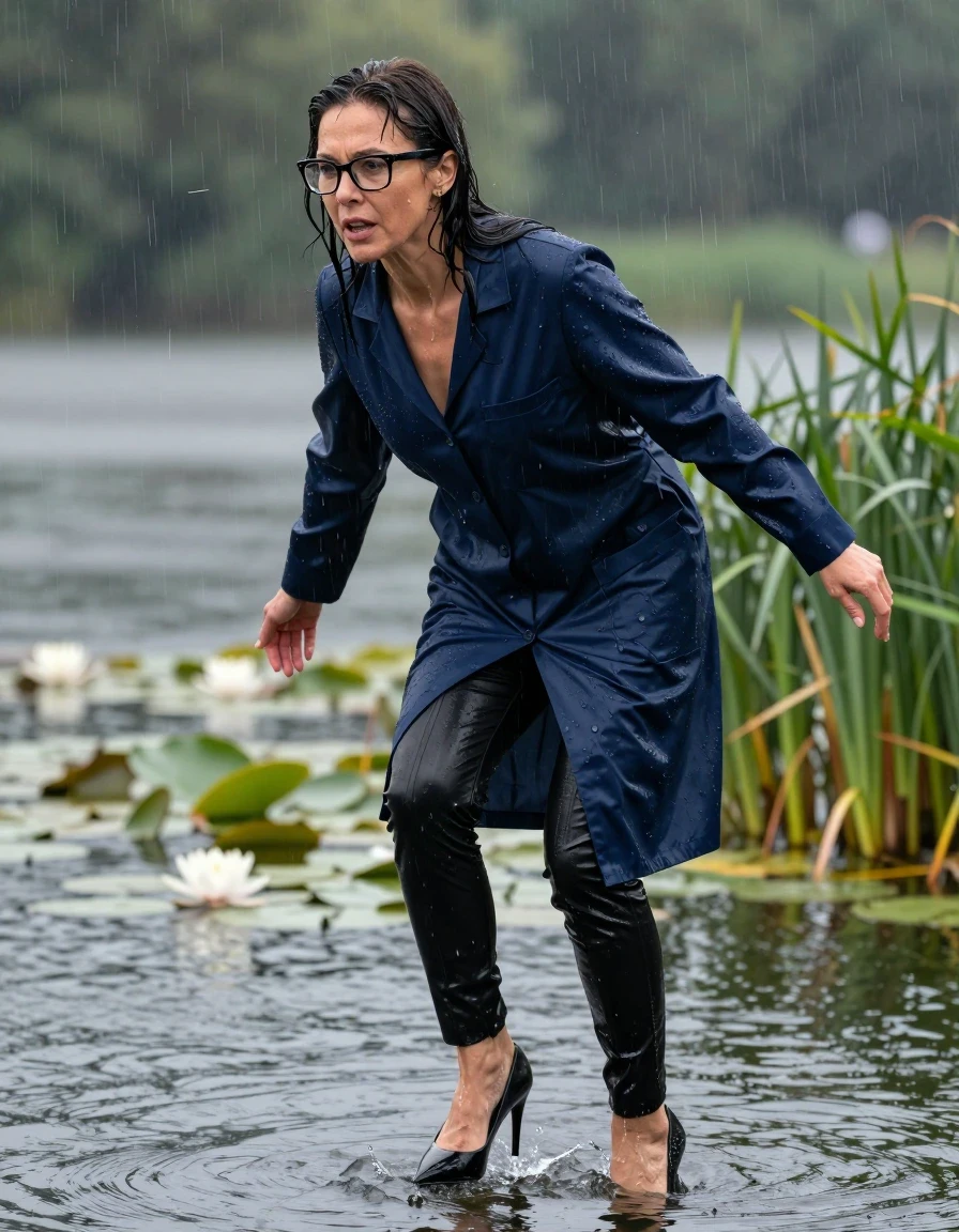 photo of young woman, in soaking wet, drenched clothes,
black shoes with high heels, long black leather trousers, maxi dark blue labcoat, Emerging submerged after diving in a lake with water lilies and reeds, rain,, enjoying wet clothes stuck body, enjoying, wet clothes stuck to body, 
enjoying, wet clothes stuck to body,
detailed textures of the wet clothes, wet face, wet plastered hair,
wet, drenched, professional, high-quality details, full body view.
sharp focus, ultra-high pixel detail, realistic, high-quality, full colors, incredibly detailed, 4k, 8k, 16k, hyper-realistic, RAW photo, masterpiece, ultra-detailed, professionally color graded, professional photograph, europen brunette skinny woman 50 years old, long dark black hair, office glasses, very big and thick lips, complete body, wet skin, wet clothes, damp fabric, wet skin, wet clothes, damp fabric, wet skin, wet clothes, damp fabric, wet skin, wet clothes, damp fabric, wet skin, wet clothes, damp fabric, wet skin, wet clothes, damp fabric, wet skin, wet clothes, damp fabric
