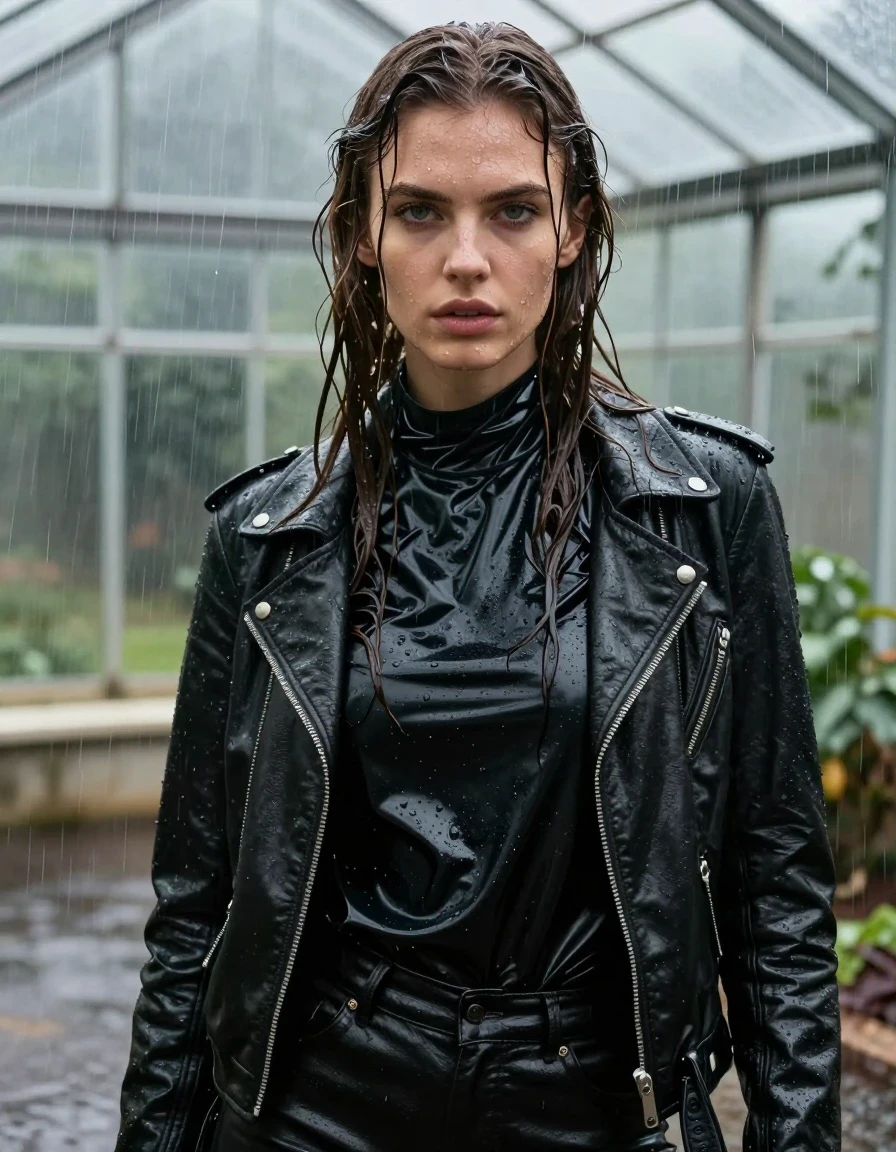 A close-up portrait of a young adult European woman with long, dripping wet brown hair, captured in a state of complete saturation. Her skin is glistening with a heavy water sheen, and she is wearing an oversize black vinyl polar neck shirt, a black biker leather jacket, black leather gloves, and black leather jeans. The leather and vinyl fabrics are heavily drenched, showcasing dark, slick surfaces, deep folds, and clinging textures with high-contrast specular highlights. She is standing inside a greenhouse during a torrential downpour, with water leaking through the glass ceiling, creating a heavy, misty atmosphere. The scene is hyper-realistic, focusing on the texture of wet skin, plastered hair, and the reflective, water-slicked surfaces of her garments. No nudity, clean anatomy, professional photography, cinematic lighting, 8k resolution, sharp focus on facial features and wet fabric textures.