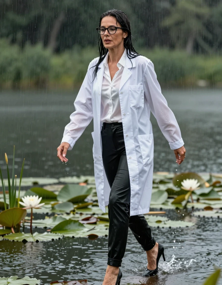 photo of young woman, in soaking wet, drenched clothes,
black shoes with high heels, long black leather trousers, white silk satin shirt, maxi white labcoat, Emerging after diving in a lake with water lilies and reeds, rain,, enjoying wet clothes stuck body, enjoying, wet clothes stuck to body, 
enjoying, wet clothes stuck to body,
detailed textures of the wet clothes, wet face, wet plastered hair,
wet, drenched, professional, high-quality details, full body view.
sharp focus, ultra-high pixel detail, realistic, high-quality, full colors, incredibly detailed, 4k, 8k, 16k, hyper-realistic, RAW photo, masterpiece, ultra-detailed, professionally color graded, professional photograph, europen brunette skinny woman 50 years old, long dark black hair, office glasses, very big and thick lips, complete body, wet skin, wet clothes, damp fabric, wet skin, wet clothes, damp fabric, wet skin, wet clothes, damp fabric, wet skin, wet clothes, damp fabric, wet skin, wet clothes, damp fabric, wet skin, wet clothes, damp fabric, wet skin, wet clothes, damp fabric