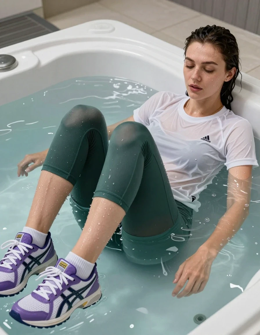 photo of young woman, in soaking wet, drenched clothes,
pimk and purple asics sneakers, white socks, green capri leggins, white adidas t shirt, hot tub, 
enjoying, wet clothes stuck to body,
detailed textures of the wet clothes, wet face, wet plastered hair,
wet, drenched, professional, high-quality details, full body view.
sharp focus, ultra-high pixel detail, realistic, high-quality, full colors, incredibly detailed, 4k, 8k, 16k, hyper-realistic, RAW photo, masterpiece, ultra-detailed, professionally color graded, professional photograph, lying in tub full of water, both legs out, submerged head, wet skin, wet clothes, damp fabric