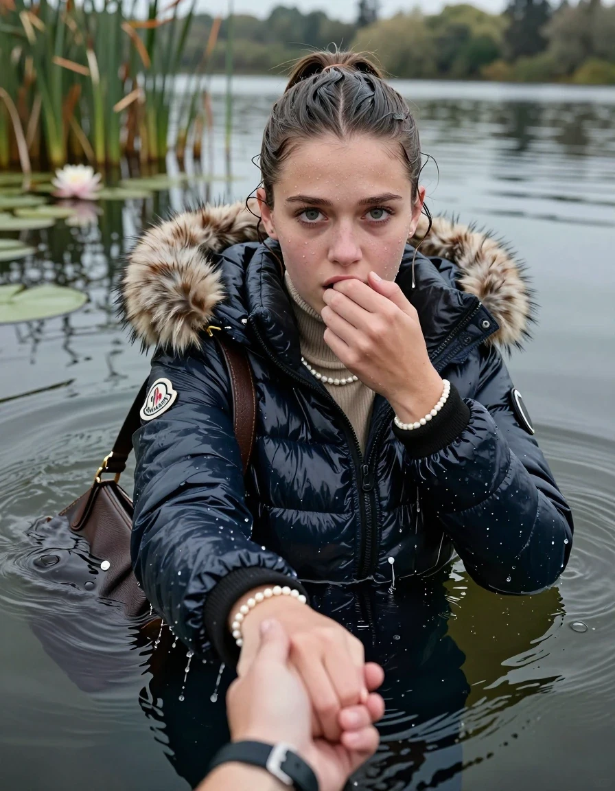 photo of young woman, in soaking wet, drenched clothes,
, , Moncler shiny puffer down jacket with fur, tight turtleneck sweater belly free, shoulderbag, pearl necklace, bracelet, wristwatch, Go back deep into the water after diving in a lake with water lilies and reeds, 
enjoying, wet clothes stuck to body,
detailed textures of the wet clothes, wet face, wet plastered hair,
wet, drenched, professional, high-quality details, full body view.
sharp focus, ultra-high pixel detail, realistic, high-quality, full colors, incredibly detailed, 4k, 8k, 16k, hyper-realistic, RAW photo, masterpiece, ultra-detailed, professionally color graded, professional photograph, Sleek ponytail 

15 years old  teenage girl

Looking up at camera, hold with a hand the other the viewer's hand, pulling them toward the center of the water. One hand on her mouth. Whole body and shoulders are submerged under the surface. Looking up at camera. horny eyes.

she is completely underwater up to her neck,  fearful and shocked expression. 

her submerged clothes are hardly vusible under water, she soaked her handbag into the water
she is completely underwater up to her neck, afraid and astonished expression. 

her clothing is soaking wet and clinging tightly to her skin, showing heavy wet folds, darkened fabric texture, and deep water-saturated Patches, her clothes are heavy from the water, water runs from her body and her clothes in streams. A lot of water also runs out of her clothes. Her clothes are darkened by the water. Her submerged clothes are good visible under the water.  she soaked her handbag into the water.

close up view, wet skin, wet clothes, wet hair, damp fabric, water runs down the clothes, wet skin, wet clothes, damp fabric. cinematic medium shot, hyper-realistic wetness, high-contrast water sheen, sharp focus, 16k resolution, professional photography, realistic water physics., wet skin, wet clothes, damp fabric, wet skin, wet clothes, damp fabric, wet skin, wet clothes, damp fabric