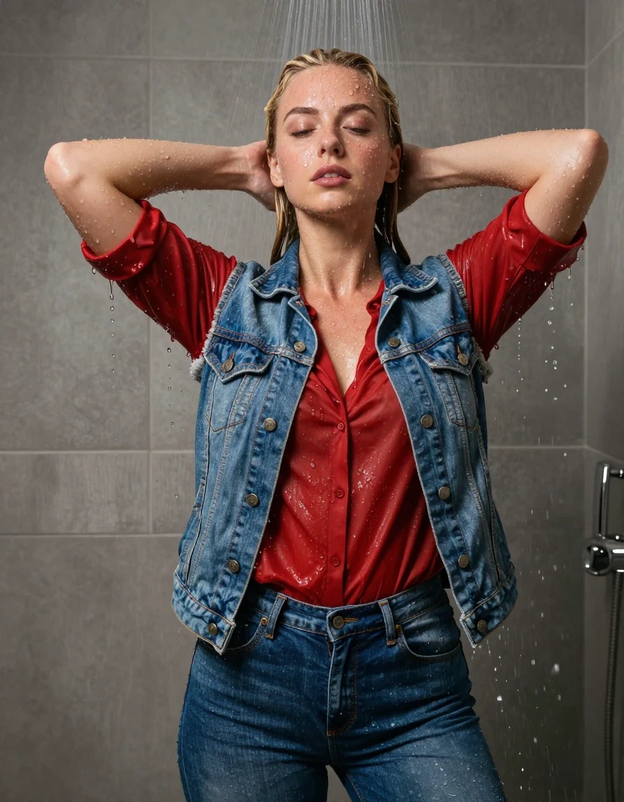 photo of young woman, in soaking wet, drenched clothes,
blue jeans, red blouse, jeans jachet, shower, 
enjoying, wet clothes stuck to body,
detailed textures of the wet clothes, wet face, wet plastered hair,
wet, drenched, professional, high-quality details, full body view.
sharp focus, ultra-high pixel detail, realistic, high-quality, full colors, incredibly detailed, 4k, 8k, 16k, hyper-realistic, RAW photo, masterpiece, ultra-detailed, professionally color graded, professional photograph, durchnässt, nasse haare, blond, ganzkörper, wet skin, wet clothes, damp fabric