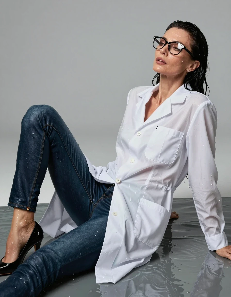 photo of young woman, in soaking wet, drenched clothes,
black shoes with high heels, long dark blue leather jeans, maxi white labcoat, lying under water, enjoying wet clothes stuck body, enjoying, wet clothes stuck to body, 
enjoying, wet clothes stuck to body,
detailed textures of the wet clothes, wet face, wet plastered hair,
wet, drenched, professional, high-quality details, full body view.
sharp focus, ultra-high pixel detail, realistic, high-quality, full colors, incredibly detailed, 4k, 8k, 16k, hyper-realistic, RAW photo, masterpiece, ultra-detailed, professionally color graded, professional photograph, europen brunette skinny woman 50 years old, long dark black hair, office glasses, very big and thick lips, complete body, wet skin, wet clothes, damp fabric, wet skin, wet clothes, damp fabric, wet skin, wet clothes, damp fabric, wet skin, wet clothes, damp fabric, wet skin, wet clothes, damp fabric, wet skin, wet clothes, damp fabric, wet skin, wet clothes, damp fabric