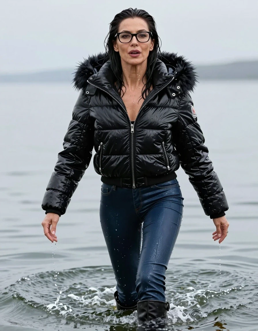 photo of young woman, in soaking wet, drenched clothes,
high-heeled boots, long dark blue leather jeans, maxi black Moncler Shiny puffer down jacket with fur, swimming under water, enjoying wet clothes stuck body, enjoying, wet clothes stuck to body, 
enjoying, wet clothes stuck to body,
detailed textures of the wet clothes, wet face, wet plastered hair,
wet, drenched, professional, high-quality details, full body view.
sharp focus, ultra-high pixel detail, realistic, high-quality, full colors, incredibly detailed, 4k, 8k, 16k, hyper-realistic, RAW photo, masterpiece, ultra-detailed, professionally color graded, professional photograph, europen brunette skinny woman 50 years old, long dark black hair, office glasses, very big and thick lips, complete body, wet skin, wet clothes, damp fabric, wet skin, wet clothes, damp fabric, wet skin, wet clothes, damp fabric, wet skin, wet clothes, damp fabric, wet skin, wet clothes, damp fabric, wet skin, wet clothes, damp fabric, wet skin, wet clothes, damp fabric