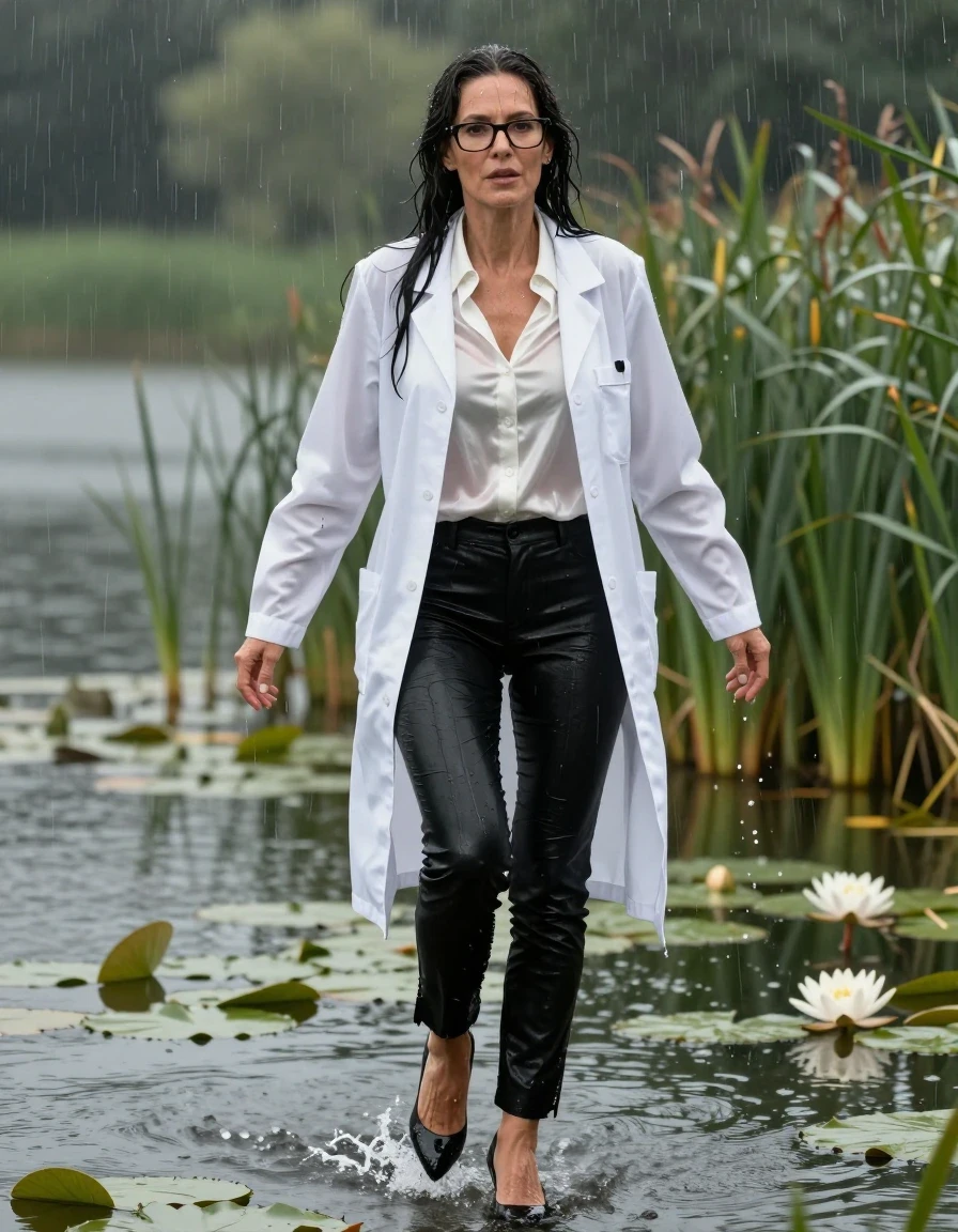 photo of young woman, in soaking wet, drenched clothes,
black shoes with high heels, long black leather trousers, white silk satin shirt, maxi white labcoat, Emerging after diving in a lake with water lilies and reeds, rain,, enjoying wet clothes stuck body, enjoying, wet clothes stuck to body, 
enjoying, wet clothes stuck to body,
detailed textures of the wet clothes, wet face, wet plastered hair,
wet, drenched, professional, high-quality details, full body view.
sharp focus, ultra-high pixel detail, realistic, high-quality, full colors, incredibly detailed, 4k, 8k, 16k, hyper-realistic, RAW photo, masterpiece, ultra-detailed, professionally color graded, professional photograph, europen brunette skinny woman 50 years old, long dark black hair, office glasses, very big and thick lips, complete body, wet skin, wet clothes, damp fabric, wet skin, wet clothes, damp fabric, wet skin, wet clothes, damp fabric, wet skin, wet clothes, damp fabric, wet skin, wet clothes, damp fabric, wet skin, wet clothes, damp fabric, wet skin, wet clothes, damp fabric