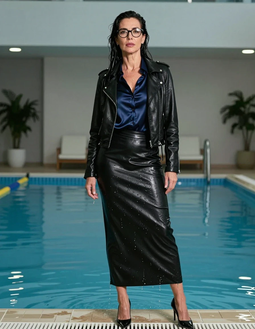 photo of young woman, in soaking wet, drenched clothes,
black shoes, maxi black leather skirt , dark blue silk satin shirt with long sleeves, black leather byker jacket, after swim in pool, enjoying wet clothes stuck body, enjoying, wet clothes stuck to body, 
enjoying, wet clothes stuck to body,
detailed textures of the wet clothes, wet face, wet plastered hair,
wet, drenched, professional, high-quality details, full body view.
sharp focus, ultra-high pixel detail, realistic, high-quality, full colors, incredibly detailed, 4k, 8k, 16k, hyper-realistic, RAW photo, masterpiece, ultra-detailed, professionally color graded, professional photograph, europen brunette skinny woman 50 years old, long dark black hair, office glasses, very big and thick lips, complete body, wet skin, wet clothes, damp fabric, wet skin, wet clothes, damp fabric, wet skin, wet clothes, damp fabric, wet skin, wet clothes, damp fabric, wet skin, wet clothes, damp fabric, wet skin, wet clothes, damp fabric, wet skin, wet clothes, damp fabric