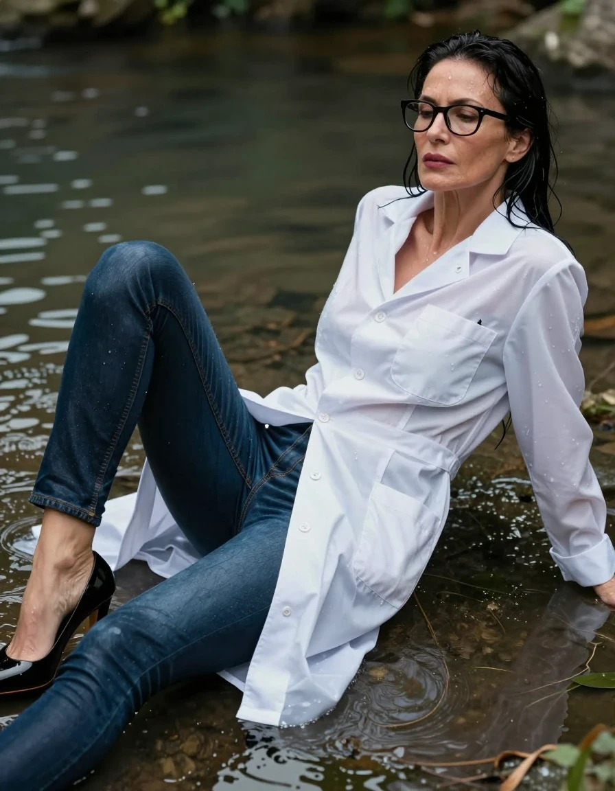 photo of young woman, in soaking wet, drenched clothes,
black shoes with high heels, long dark blue leather jeans, maxi white labcoat, lying in the water, enjoying wet clothes stuck body, enjoying, wet clothes stuck to body, 
enjoying, wet clothes stuck to body,
detailed textures of the wet clothes, wet face, wet plastered hair,
wet, drenched, professional, high-quality details, full body view.
sharp focus, ultra-high pixel detail, realistic, high-quality, full colors, incredibly detailed, 4k, 8k, 16k, hyper-realistic, RAW photo, masterpiece, ultra-detailed, professionally color graded, professional photograph, europen brunette skinny woman 50 years old, long dark black hair, office glasses, very big and thick lips, complete body, wet skin, wet clothes, damp fabric, wet skin, wet clothes, damp fabric, wet skin, wet clothes, damp fabric, wet skin, wet clothes, damp fabric, wet skin, wet clothes, damp fabric, wet skin, wet clothes, damp fabric, wet skin, wet clothes, damp fabric