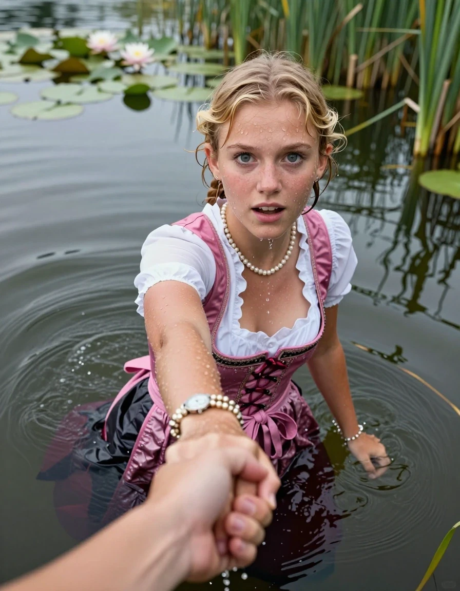 photo of young woman, in soaking wet, drenched clothes,
, , Short pink and white Dirndl, shoulderbag, pearl necklace, bracelet, wristwatch, Go back deep into the water after diving in a lake with water lilies and reeds, 
enjoying, wet clothes stuck to body,
detailed textures of the wet clothes, wet face, wet plastered hair,
wet, drenched, professional, high-quality details, full body view.
sharp focus, ultra-high pixel detail, realistic, high-quality, full colors, incredibly detailed, 4k, 8k, 16k, hyper-realistic, RAW photo, masterpiece, ultra-detailed, professionally color graded, professional photograph, Blonde Pigtails

15 years old  teenage girl

Looking up at camera, open mouth, big eyes. hold with a hand the other the viewer's hand, pulling them toward the center of the water. One hand in front of her face. Whole body and shoulders are submerged under the surface. Looking up at camera. horny eyes.

she is completely underwater up to her neck,  afraid and astonished expression. Slightly smile.

her submerged clothes are hardly vusible under water, she soaked her handbag into the water
she is completely underwater up to her neck, afraid and astonished expression. 

her clothing is soaking wet and clinging tightly to her skin, showing heavy wet folds, darkened fabric texture, and deep water-saturated Patches, her clothes are heavy from the water, water runs from her body and her clothes in streams. A lot of water also runs out of her clothes. Her clothes are darkened by the water. Her submerged clothes are good visible under the water.  she soaked her handbag into the water.

close up view, wet skin, wet clothes, wet hair, damp fabric, water runs down the clothes, wet skin, wet clothes, damp fabric. cinematic medium shot, hyper-realistic wetness, high-contrast water sheen, sharp focus, 16k resolution, professional photography, realistic water physics., wet skin, wet clothes, damp fabric, wet skin, wet clothes, damp fabric, wet skin, wet clothes, damp fabric