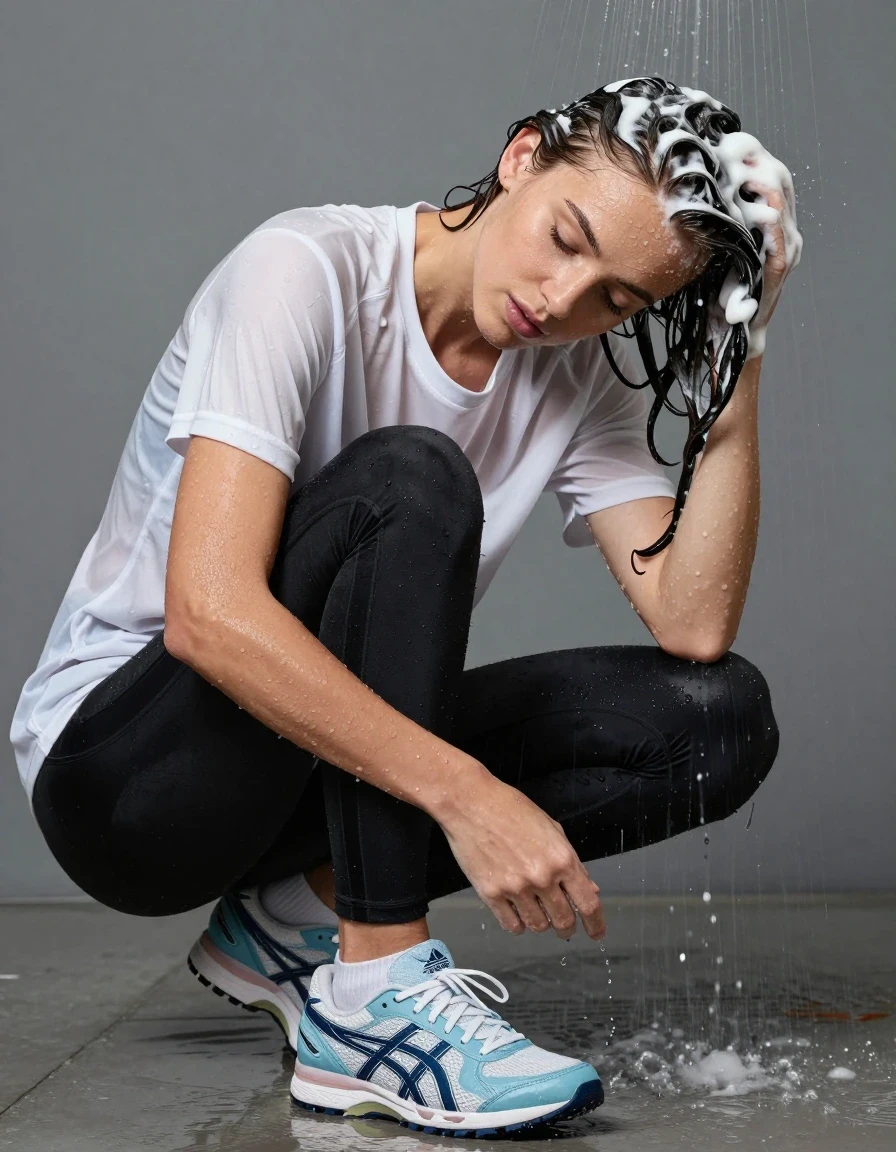 photo of young woman, in soaking wet, drenched clothes,
light blue asics sneakers, white socks, black leggins, white adidas t shirt, shower, 
enjoying, wet clothes stuck to body,
detailed textures of the wet clothes, wet face, wet plastered hair,
wet, drenched, professional, high-quality details, full body view.
sharp focus, ultra-high pixel detail, realistic, high-quality, full colors, incredibly detailed, 4k, 8k, 16k, hyper-realistic, RAW photo, masterpiece, ultra-detailed, professionally color graded, professional photograph, washing hair, lot of shampoo, wet skin, wet clothes, damp fabric