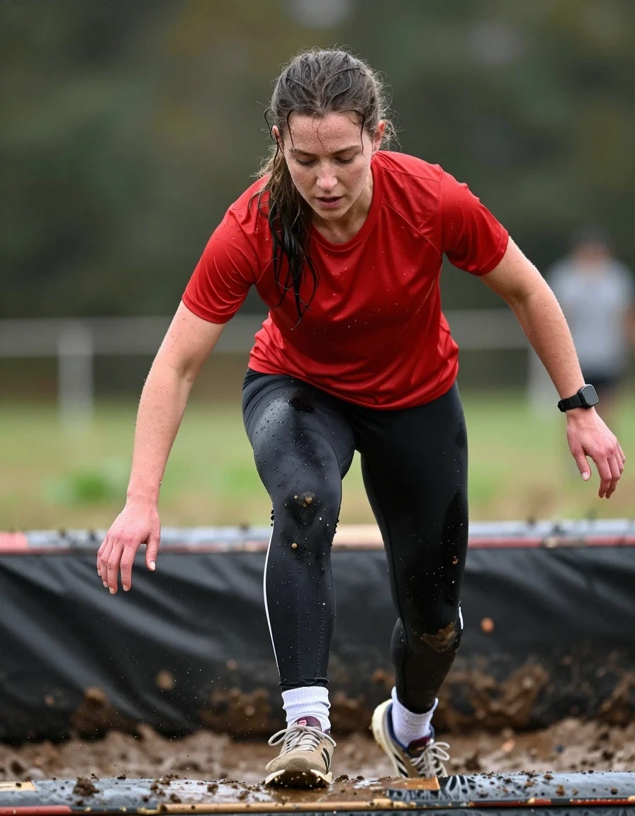photo of young woman, in soaking wet, drenched clothes,
 adidas sneakers, white socks, leggins, red t shirt, obstacle run, 
enjoying, wet clothes stuck to body,
detailed textures of the wet clothes, wet face, wet plastered hair,
wet, drenched, professional, high-quality details, full body view.
sharp focus, ultra-high pixel detail, realistic, high-quality, full colors, incredibly detailed, 4k, 8k, 16k, hyper-realistic, RAW photo, masterpiece, ultra-detailed, professionally color graded, professional photograph, running throug mud obstacle, climbing, wet skin, wet clothes, damp fabric