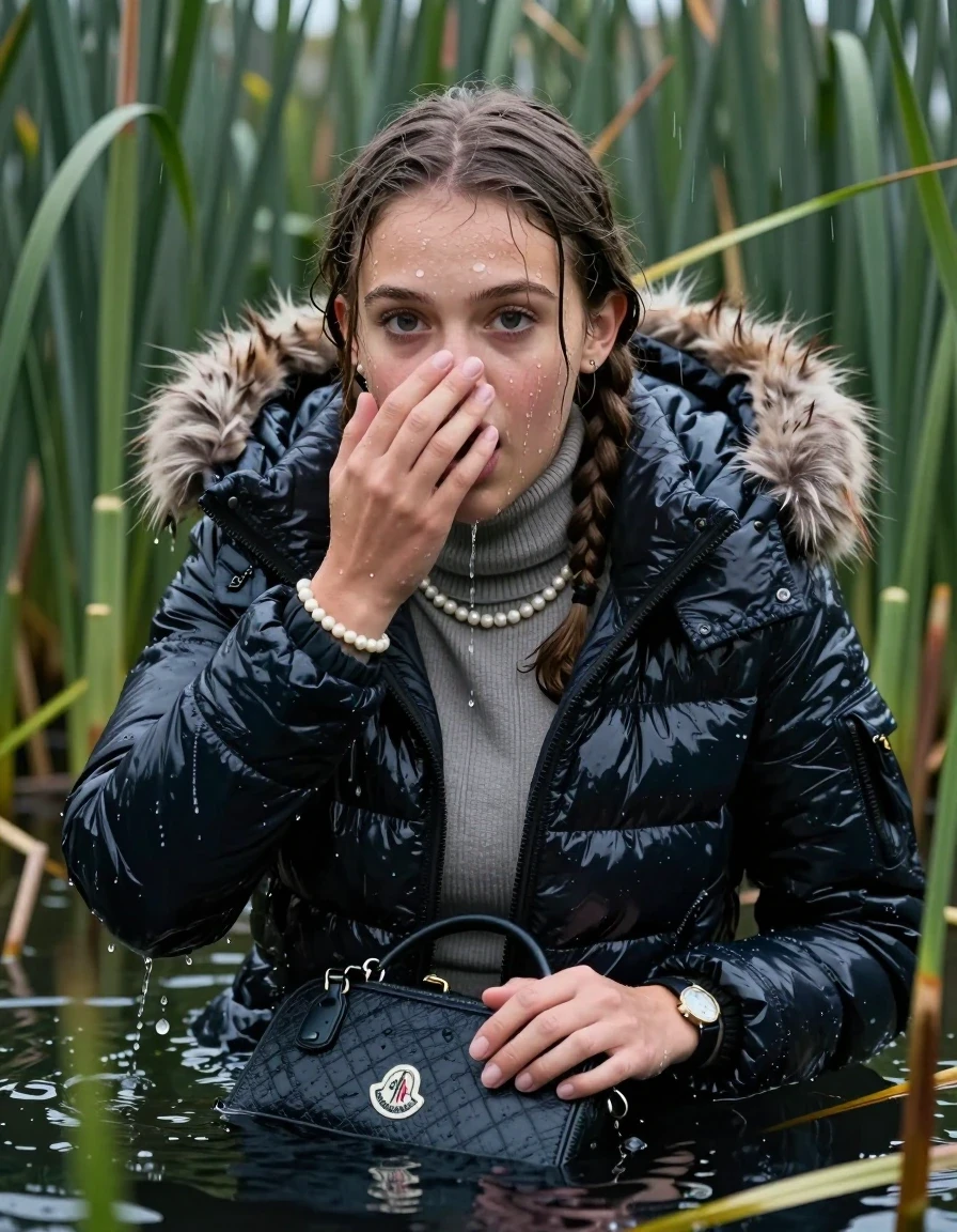 photo of young woman, in soaking wet, drenched clothes,
, , Moncler shiny puffer down coat with fur, tight turtleneck sweater with wide neckline belly free, handbag, pearl necklace, bracelet, wristwatch , Emerging after diving in a lake with water lilies and reeds, rain , 
enjoying, wet clothes stuck to body,
detailed textures of the wet clothes, wet face, wet plastered hair,
wet, drenched, professional, high-quality details, full body view.
sharp focus, ultra-high pixel detail, realistic, high-quality, full colors, incredibly detailed, 4k, 8k, 16k, hyper-realistic, RAW photo, masterpiece, ultra-detailed, professionally color graded, professional photograph, Pigtails

15 years old  teenage girl

Laying her breast on the surface.  Looking at Camera . Hold her flat hand over her nose. Open mouth, big eyes. Water running down her face and neck and clothes.

she is completely underwater up to her neck, afraid and astonished expression. 

She hides in the reeds and is surprised by spectators

her submerged clothes are hardly visible under water, she soaked her handbag into the water

her clothing is soaking wet and clinging tightly to her skin, showing heavy wet folds, darkened fabric texture, and deep water-saturated Patches, her clothes are heavy from the water, water runs from her body and her clothes in streams. A lot of water also runs out of her clothes. Her clothes are darkened by the water. Her submerged clothes are good visible under the water.  she soaked her handbag into the water.

close up view, wet skin, wet clothes, wet hair, damp fabric, water runs down the clothes, wet skin, wet clothes, damp fabric. cinematic medium shot, hyper-realistic wetness, high-contrast water sheen, sharp focus, 16k resolution, professional photography, realistic water physics., wet skin, wet clothes, damp fabric, wet skin, wet clothes, damp fabric