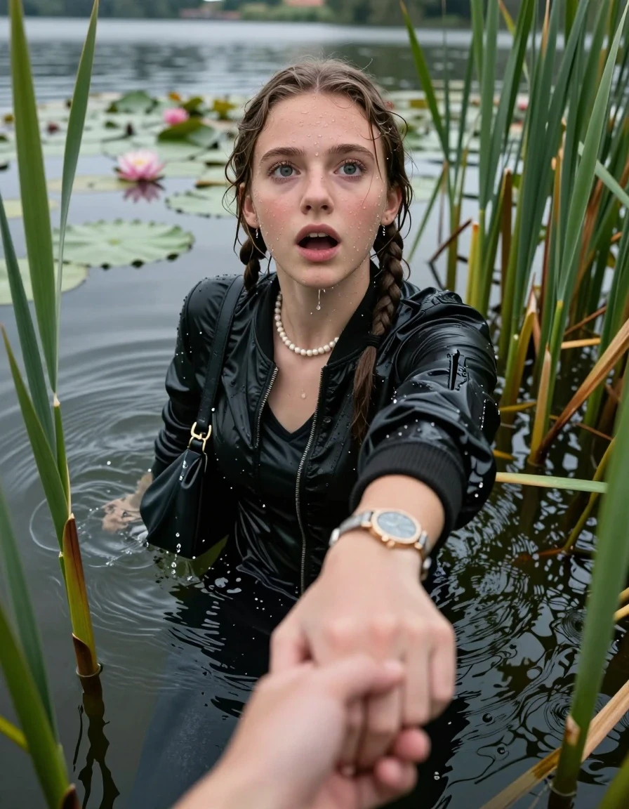 photo of young woman, in soaking wet, drenched clothes,
, black leatherleggings , Bomber jacket, v-neck sweater, shoulderbag, pearl necklace, bracelet, wristwatch, Go back deep into the water after diving in a lake with water lilies and reeds, 
enjoying, wet clothes stuck to body,
detailed textures of the wet clothes, wet face, wet plastered hair,
wet, drenched, professional, high-quality details, full body view.
sharp focus, ultra-high pixel detail, realistic, high-quality, full colors, incredibly detailed, 4k, 8k, 16k, hyper-realistic, RAW photo, masterpiece, ultra-detailed, professionally color graded, professional photograph, Pigtails

15 years old  teenage girl

Looking up, head in the neck, open mouth, big eyes. hold with her hands the other the viewer's hand, pulling them toward the center of the water.  Whole body and shoulders are submerged under the surface. Looking up at camera. horny eyes.

she is completely underwater up to her neck,  afraid and astonished expression.

She hides in the reeds.

her submerged clothes are hardly vusible under water, she soaked her handbag into the water
she is completely underwater up to her neck, afraid and astonished expression. 

her clothing is soaking wet and clinging tightly to her skin, showing heavy wet folds, darkened fabric texture, and deep water-saturated Patches, her clothes are heavy from the water, water runs from her body and her clothes in streams. A lot of water also runs out of her clothes. Her clothes are darkened by the water. Her submerged clothes are good visible under the water.  she soaked her handbag into the water.

close up view, wet skin, wet clothes, wet hair, damp fabric, water runs down the clothes, wet skin, wet clothes, damp fabric. cinematic medium shot, hyper-realistic wetness, high-contrast water sheen, sharp focus, 16k resolution, professional photography, realistic water physics., wet skin, wet clothes, damp fabric, wet skin, wet clothes, damp fabric, wet skin, wet clothes, damp fabric