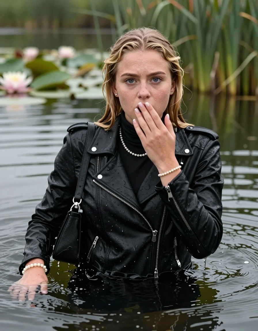 photo of young woman, in soaking wet, drenched clothes,
, , Black Biker leatherjacket, tight turtleneck sweater belly free, shoulderbag, pearl necklace, bracelet, wristwatch, drowning deep into the water after diving in a lake with water lilies and reeds, 
enjoying, wet clothes stuck to body,
detailed textures of the wet clothes, wet face, wet plastered hair,
wet, drenched, professional, high-quality details, full body view.
sharp focus, ultra-high pixel detail, realistic, high-quality, full colors, incredibly detailed, 4k, 8k, 16k, hyper-realistic, RAW photo, masterpiece, ultra-detailed, professionally color graded, professional photograph, Blonde Sleek long straight hair

15 years old  teenage girl

Looking up at camera, Whole body and shoulders are submerged under the surface. horny eyes. One hand on her mouth.

she is completely underwater up to her neck,  afraid and astonished expression. 

Threatens to drown.  Swimming Movements with Her Arms.

her submerged clothes are hardly vusible under water, she soaked her handbag into the water
she is completely underwater up to her neck, afraid and astonished expression. 

her clothing is soaking wet and clinging tightly to her skin, showing heavy wet folds, darkened fabric texture, and deep water-saturated Patches, her clothes are heavy from the water, water runs from her body and her clothes in streams. A lot of water also runs out of her clothes. Her clothes are darkened by the water. Her submerged clothes are good visible under the water.  she soaked her handbag into the water.

close up view, wet skin, wet clothes, wet hair, damp fabric, water runs down the clothes, wet skin, wet clothes, damp fabric. cinematic medium shot, hyper-realistic wetness, high-contrast water sheen, sharp focus, 16k resolution, professional photography, realistic water physics., wet skin, wet clothes, damp fabric, wet skin, wet clothes, damp fabric, wet skin, wet clothes, damp fabric