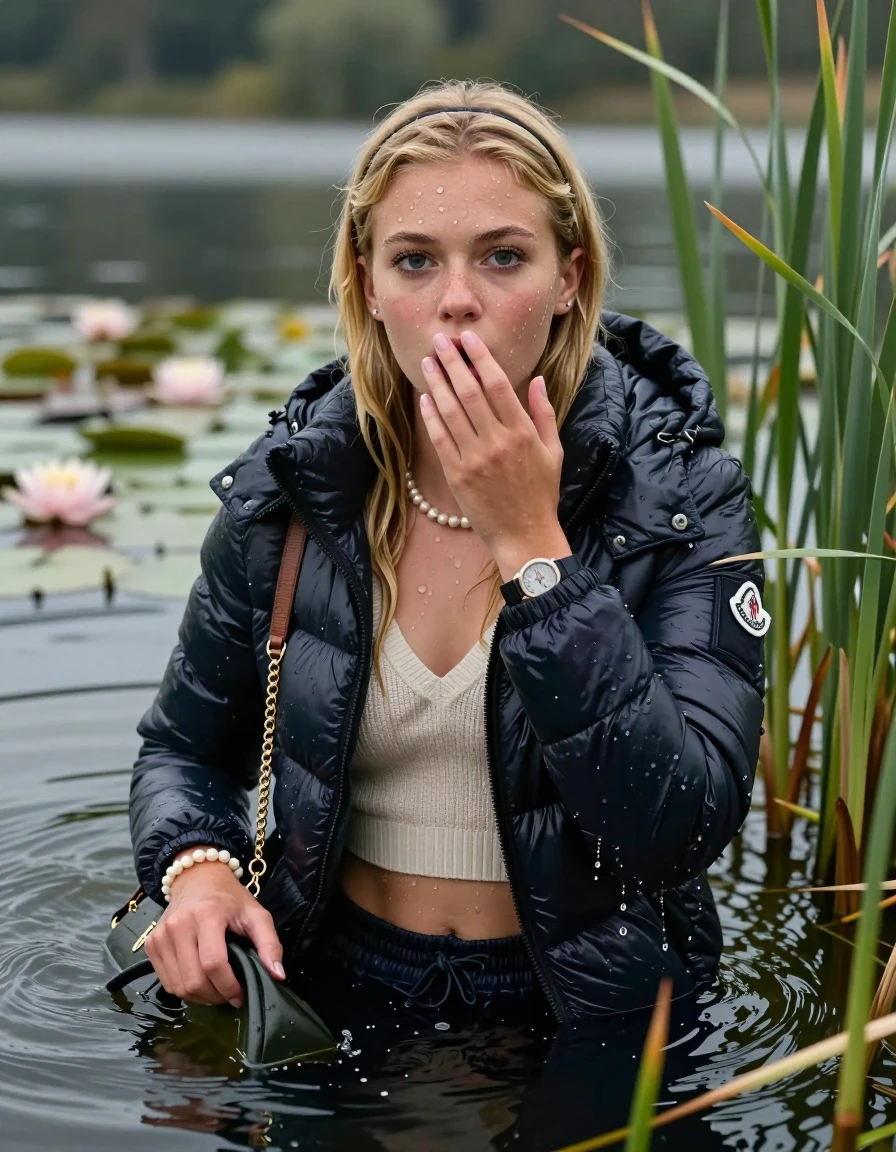 photo of young woman, in soaking wet, drenched clothes,
, , Moncler shiny puffer down jacket, Knit v-neck slipover belly free, shoulderbag, pearl necklace, bracelet, wristwatch, Go back in the water after diving in a lake with water lilies and reeds, 
enjoying, wet clothes stuck to body,
detailed textures of the wet clothes, wet face, wet plastered hair,
wet, drenched, professional, high-quality details, full body view.
sharp focus, ultra-high pixel detail, realistic, high-quality, full colors, incredibly detailed, 4k, 8k, 16k, hyper-realistic, RAW photo, masterpiece, ultra-detailed, professionally color graded, professional photograph, Blonde sleek Long straight hair, hairband

15 years old  teenage girl

Looking at camera, open mouth, horny eyes. Cover her mouth with her hand. Whole body and shoulders are submerged under the surface.

she is completely underwater up to her neck,  shocked expression.

She hides in the reeds.

her submerged clothes are hardly visible under water, she soaked her handbag into the water. 

her clothing is soaking wet and clinging tightly to her skin, her clothes are heavy from the water, water runs from her body and her clothes in streams. A lot of water also runs out of her clothes. Her clothes are darkened by the water. Her submerged clothes are good visible under the water.  she soaked her handbag into the water.

close up view, wet skin, wet clothes, wet hair, damp fabric, water runs down the clothes, wet skin, wet clothes, damp fabric. cinematic medium shot, hyper-realistic wetness, high-contrast water sheen, sharp focus, 16k resolution, professional photography, realistic water physics., wet skin, wet clothes, damp fabric, wet skin, wet clothes, damp fabric, wet skin, wet clothes, damp fabric, wet skin, wet clothes, damp fabric