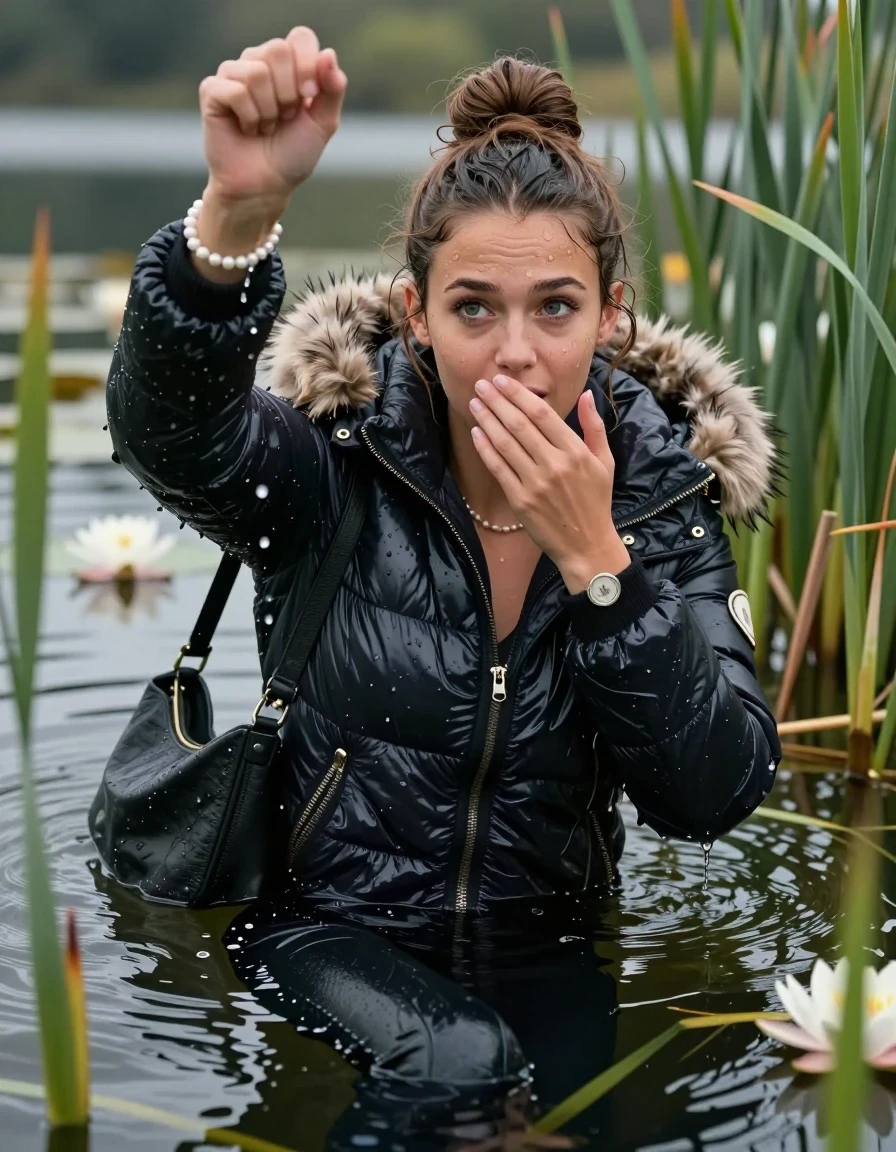 photo of young woman, in soaking wet, drenched clothes,
, black leatherleggings , Moncler shiny puffer down coat with fur, v-neck sweater, shoulderbag, pearl necklace, bracelet, wristwatch, Go back in the water after diving in a lake with water lilies and reeds, 
enjoying, wet clothes stuck to body,
detailed textures of the wet clothes, wet face, wet plastered hair,
wet, drenched, professional, high-quality details, full body view.
sharp focus, ultra-high pixel detail, realistic, high-quality, full colors, incredibly detailed, 4k, 8k, 16k, hyper-realistic, RAW photo, masterpiece, ultra-detailed, professionally color graded, professional photograph, Topknot

15 years old  teenage girl

Looking up, head in the neck, open mouth, big eyes. hold with a hand the viewer's hand, pulling them toward the center of the water.  The other hand covers her mouth. Whole body and shoulders are submerged under the surface. Looking up at camera. horny eyes.

she is completely underwater up to her neck,  sad but enjoying expression.

She hides in the reeds.

her submerged clothes are hardly vusible under water, she soaked her handbag into the water
she is completely underwater up to her neck, afraid and astonished expression. 

her clothing is soaking wet and clinging tightly to her skin, showing heavy wet folds, darkened fabric texture, and deep water-saturated Patches, her clothes are heavy from the water, water runs from her body and her clothes in streams. A lot of water also runs out of her clothes. Her clothes are darkened by the water. Her submerged clothes are good visible under the water.  she soaked her handbag into the water.

close up view, wet skin, wet clothes, wet hair, damp fabric, water runs down the clothes, wet skin, wet clothes, damp fabric. cinematic medium shot, hyper-realistic wetness, high-contrast water sheen, sharp focus, 16k resolution, professional photography, realistic water physics., wet skin, wet clothes, damp fabric, wet skin, wet clothes, damp fabric