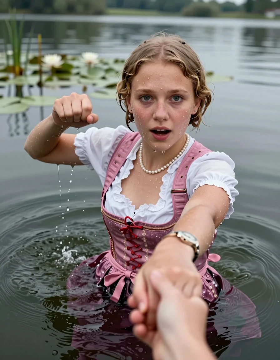 photo of young woman, in soaking wet, drenched clothes,
, , Short pink and white Dirndl, shoulderbag, pearl necklace, bracelet, wristwatch, Go back deep into the water after diving in a lake with water lilies and reeds, 
enjoying, wet clothes stuck to body,
detailed textures of the wet clothes, wet face, wet plastered hair,
wet, drenched, professional, high-quality details, full body view.
sharp focus, ultra-high pixel detail, realistic, high-quality, full colors, incredibly detailed, 4k, 8k, 16k, hyper-realistic, RAW photo, masterpiece, ultra-detailed, professionally color graded, professional photograph, Blonde Pigtails

15 years old  teenage girl

Looking at camera, open mouth, big eyes. hold with a hand the other the viewer's hand, pulling them toward the center of the water. One hand in front of her nose. Whole body and shoulders are submerged under the surface. Looking up at camera. horny eyes.

she is completely underwater up to her neck,  afraid and astonished expression. Slightly smile.

her submerged clothes are hardly vusible under water, she soaked her handbag into the water
she is completely underwater up to her neck, afraid and astonished expression. 

her clothing is soaking wet and clinging tightly to her skin, showing heavy wet folds, darkened fabric texture, and deep water-saturated Patches, her clothes are heavy from the water, water runs from her body and her clothes in streams. A lot of water also runs out of her clothes. Her clothes are darkened by the water. Her submerged clothes are good visible under the water.  she soaked her handbag into the water.

close up view, wet skin, wet clothes, wet hair, damp fabric, water runs down the clothes, wet skin, wet clothes, damp fabric. cinematic medium shot, hyper-realistic wetness, high-contrast water sheen, sharp focus, 16k resolution, professional photography, realistic water physics., wet skin, wet clothes, damp fabric, wet skin, wet clothes, damp fabric, wet skin, wet clothes, damp fabric