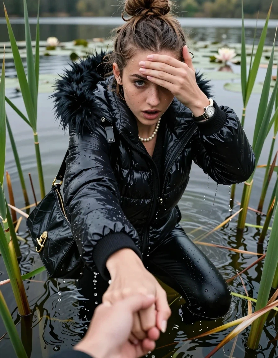photo of young woman, in soaking wet, drenched clothes,
, black leatherleggings , Moncler shiny puffer down coat with fur, v-neck sweater, shoulderbag, pearl necklace, bracelet, wristwatch, Go back in the water after diving in a lake with water lilies and reeds, 
enjoying, wet clothes stuck to body,
detailed textures of the wet clothes, wet face, wet plastered hair,
wet, drenched, professional, high-quality details, full body view.
sharp focus, ultra-high pixel detail, realistic, high-quality, full colors, incredibly detailed, 4k, 8k, 16k, hyper-realistic, RAW photo, masterpiece, ultra-detailed, professionally color graded, professional photograph, Topknot

15 years old  teenage girl

Looking down, head in the neck, open mouth, big eyes. hold with a hand the viewer's hand, pulling them toward the center of the water.  The other hand covers her forehead. Whole body and shoulders are submerged under the surface. Looking up at camera. horny eyes.

she is completely underwater up to her neck,  sad but enjoying expression.

She hides in the reeds.

her submerged clothes are hardly vusible under water, she soaked her handbag into the water
she is completely underwater up to her neck, afraid and astonished expression. 

her clothing is soaking wet and clinging tightly to her skin, showing heavy wet folds, darkened fabric texture, and deep water-saturated Patches, her clothes are heavy from the water, water runs from her body and her clothes in streams. A lot of water also runs out of her clothes. Her clothes are darkened by the water. Her submerged clothes are good visible under the water.  she soaked her handbag into the water.

close up view, wet skin, wet clothes, wet hair, damp fabric, water runs down the clothes, wet skin, wet clothes, damp fabric. cinematic medium shot, hyper-realistic wetness, high-contrast water sheen, sharp focus, 16k resolution, professional photography, realistic water physics., wet skin, wet clothes, damp fabric, wet skin, wet clothes, damp fabric