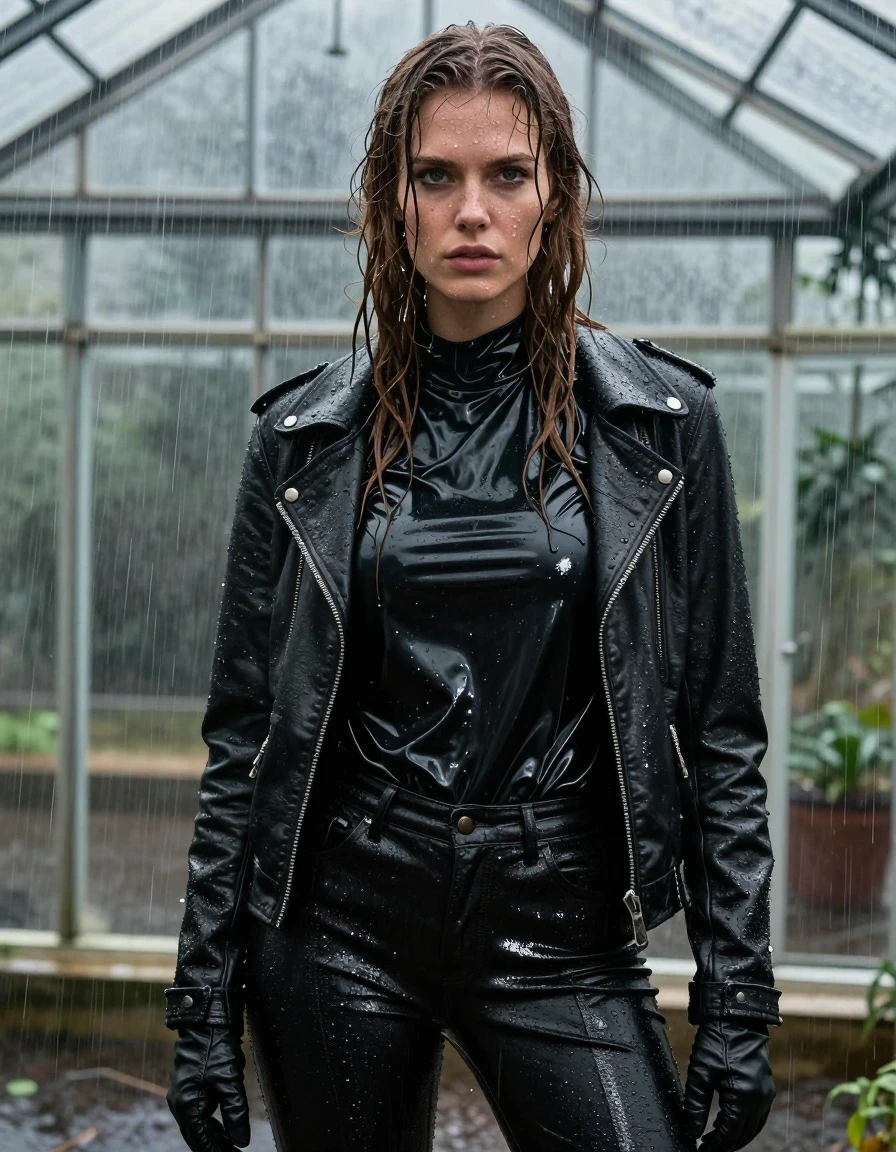 A hyper-realistic close-up portrait of a young adult European woman with long, dripping wet brown hair, her skin glistening with heavy rain and water droplets. She is dressed in an oversize black vinyl polar neck shirt that clings to her frame with a high-gloss sheen, layered under a rugged black biker leather jacket, with black leather gloves on both hands. She is wearing tight black leather jeans that appear heavy and saturated with water, showing deep creases and a polished, wet-look finish. The subject is standing in a greenhouse during a torrential downpour; the glass structure is leaking, with water streams cascading down the panes and drenching the subject. The atmosphere is damp and moody, with water-soaked textures, heavy fabric folds, and intense specular highlights reflecting the ambient light. The image captures the raw, tactile sensation of being caught in a storm, with sharp focus on the wet skin and the varied textures of vinyl, leather, and wet fabric. No nudity, clean anatomy, professional photography, 8k resolution, cinematic lighting, high-contrast atmospheric wetness.