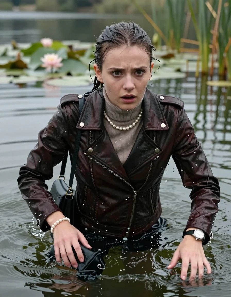 photo of young woman, in soaking wet, drenched clothes,
, , Biker leatherjacket, tight turtleneck sweater belly free, shoulderbag, pearl necklace, bracelet, wristwatch, Swimming and sinking deep into the water after diving in a lake with water lilies and reeds, 
enjoying, wet clothes stuck to body,
detailed textures of the wet clothes, wet face, wet plastered hair,
wet, drenched, professional, high-quality details, full body view.
sharp focus, ultra-high pixel detail, realistic, high-quality, full colors, incredibly detailed, 4k, 8k, 16k, hyper-realistic, RAW photo, masterpiece, ultra-detailed, professionally color graded, professional photograph, Sleek ponytail 

15 years old  teenage girl

Looking up at camera, Whole body and shoulders are submerged under the surface. horny eyes.

she is completely underwater up to her neck,  fearful and shocked expression. 

Leaning forward. Swimming Movements with Her Arms.

her submerged clothes are hardly vusible under water, she soaked her handbag into the water
she is completely underwater up to her neck, afraid and astonished expression. 

her clothing is soaking wet and clinging tightly to her skin, showing heavy wet folds, darkened fabric texture, and deep water-saturated Patches, her clothes are heavy from the water, water runs from her body and her clothes in streams. A lot of water also runs out of her clothes. Her clothes are darkened by the water. Her submerged clothes are good visible under the water.  she soaked her handbag into the water.

close up view, wet skin, wet clothes, wet hair, damp fabric, water runs down the clothes, wet skin, wet clothes, damp fabric. cinematic medium shot, hyper-realistic wetness, high-contrast water sheen, sharp focus, 16k resolution, professional photography, realistic water physics., wet skin, wet clothes, damp fabric, wet skin, wet clothes, damp fabric, wet skin, wet clothes, damp fabric