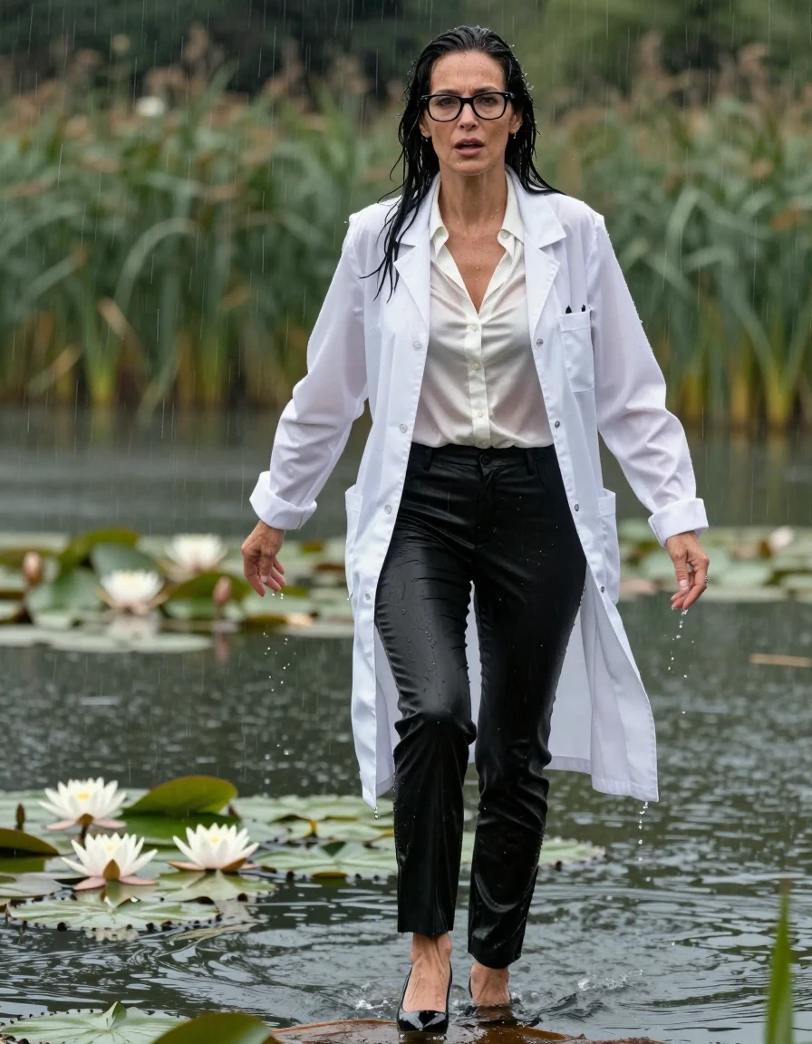 photo of young woman, in soaking wet, drenched clothes,
black shoes with high heels, long black leather trousers, white silk satin shirt, maxi white labcoat, Emerging after diving in a lake with water lilies and reeds, rain,, enjoying wet clothes stuck body, enjoying, wet clothes stuck to body, 
enjoying, wet clothes stuck to body,
detailed textures of the wet clothes, wet face, wet plastered hair,
wet, drenched, professional, high-quality details, full body view.
sharp focus, ultra-high pixel detail, realistic, high-quality, full colors, incredibly detailed, 4k, 8k, 16k, hyper-realistic, RAW photo, masterpiece, ultra-detailed, professionally color graded, professional photograph, europen brunette skinny woman 50 years old, long dark black hair, office glasses, very big and thick lips, complete body, wet skin, wet clothes, damp fabric, wet skin, wet clothes, damp fabric, wet skin, wet clothes, damp fabric, wet skin, wet clothes, damp fabric, wet skin, wet clothes, damp fabric, wet skin, wet clothes, damp fabric, wet skin, wet clothes, damp fabric
