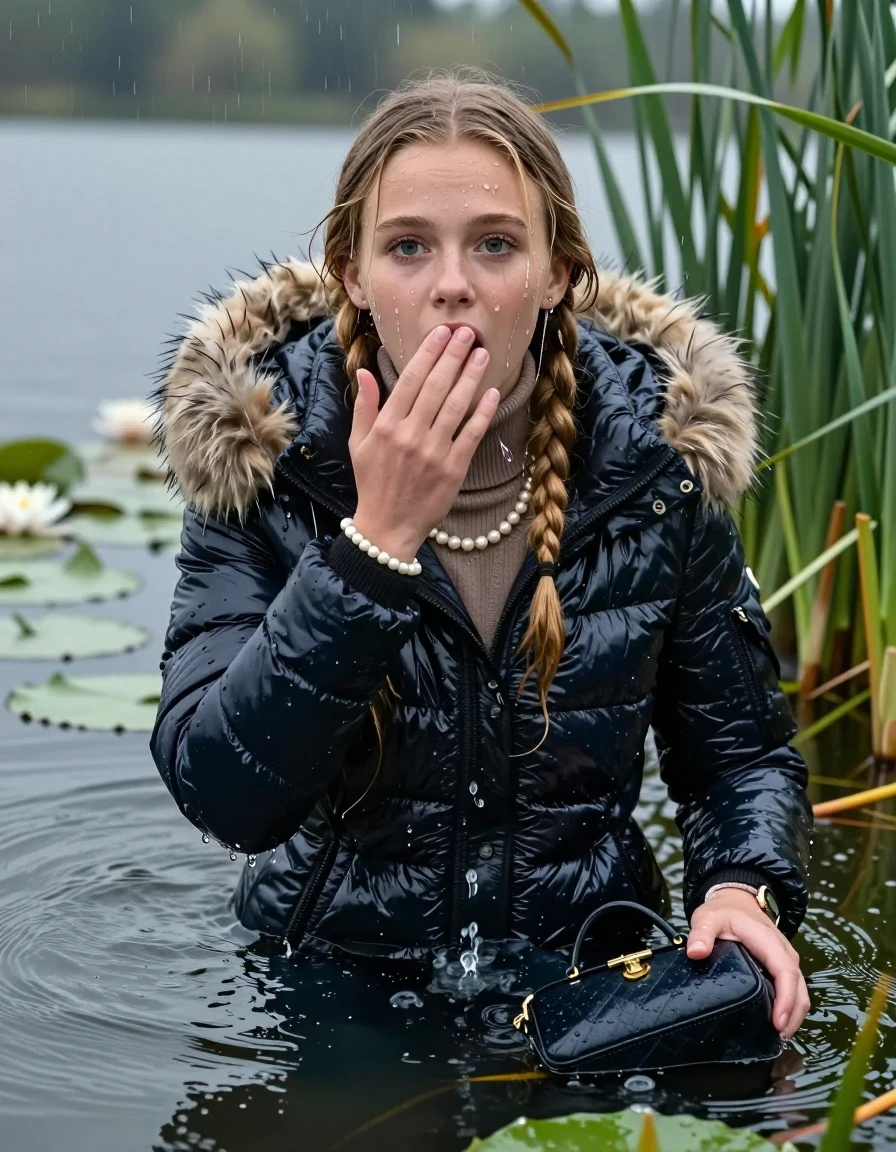 photo of young woman, in soaking wet, drenched clothes,
, , Moncler shiny puffer down coat with fur, tight turtleneck sweater with wide neckline belly free, handbag, pearl necklace, bracelet, wristwatch , Emerging after diving in a lake with water lilies and reeds, rain , 
enjoying, wet clothes stuck to body,
detailed textures of the wet clothes, wet face, wet plastered hair,
wet, drenched, professional, high-quality details, full body view.
sharp focus, ultra-high pixel detail, realistic, high-quality, full colors, incredibly detailed, 4k, 8k, 16k, hyper-realistic, RAW photo, masterpiece, ultra-detailed, professionally color graded, professional photograph, Blonde Pigtails

15 years old  teenage girl

Laying her breast on the surface.  Looking up at Camera . Hold her flat hand in front of her mouth. Water running down her face and neck and clothes.

she is completely underwater up to her neck, afraid and astonished expression but she giggles anyway.  Look incredulous.

She hides in the reeds and is surprised by spectators

her submerged clothes are hardly visible under water, she soaked her handbag into the water

her clothing is soaking wet and clinging tightly to her skin, showing heavy wet folds, darkened fabric texture, and deep water-saturated Patches, her clothes are heavy from the water, water runs from her body and her clothes in streams. A lot of water also runs out of her clothes. Her clothes are darkened by the water. Her submerged clothes are good visible under the water.  she soaked her handbag into the water.

close up view, wet skin, wet clothes, wet hair, damp fabric, water runs down the clothes, wet skin, wet clothes, damp fabric. cinematic medium shot, hyper-realistic wetness, high-contrast water sheen, sharp focus, 16k resolution, professional photography, realistic water physics., wet skin, wet clothes, damp fabric, wet skin, wet clothes, damp fabric