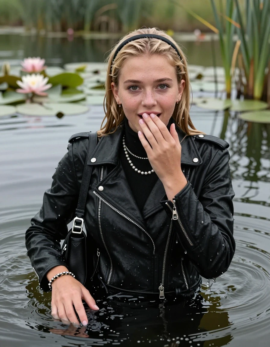 photo of young woman, in soaking wet, drenched clothes,
, , Black Biker leatherjacket, tight turtleneck sweater belly free, shoulderbag, pearl necklace, bracelet, wristwatch, drowning deep into the water after diving in a lake with water lilies and reeds, 
enjoying, wet clothes stuck to body,
detailed textures of the wet clothes, wet face, wet plastered hair,
wet, drenched, professional, high-quality details, full body view.
sharp focus, ultra-high pixel detail, realistic, high-quality, full colors, incredibly detailed, 4k, 8k, 16k, hyper-realistic, RAW photo, masterpiece, ultra-detailed, professionally color graded, professional photograph, Blonde Sleek long straight hair with hairband.

15 years old  teenage girl

Looking up at camera, Whole body and shoulders are submerged under the surface. horny eyes. One hand on her mouth.

she is completely underwater up to her neck,  afraid and astonished expression. Slightly smile. 

Threatens to drown.  Swimming Movements with Her Arms.

her submerged clothes are hardly vusible under water, she soaked her handbag into the water
she is completely underwater up to her neck, afraid and astonished expression. 

her clothing is soaking wet and clinging tightly to her skin, showing heavy wet folds, darkened fabric texture, and deep water-saturated Patches, her clothes are heavy from the water, water runs from her body and her clothes in streams. A lot of water also runs out of her clothes. Her clothes are darkened by the water. Her submerged clothes are good visible under the water.  she soaked her handbag into the water.

close up view, wet skin, wet clothes, wet hair, damp fabric, water runs down the clothes, wet skin, wet clothes, damp fabric. cinematic medium shot, hyper-realistic wetness, high-contrast water sheen, sharp focus, 16k resolution, professional photography, realistic water physics., wet skin, wet clothes, damp fabric, wet skin, wet clothes, damp fabric, wet skin, wet clothes, damp fabric
