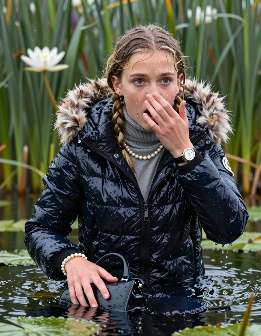 photo of young woman, in soaking wet, drenched clothes,
, , Moncler shiny puffer down coat with fur, tight turtleneck sweater with wide neckline belly free, handbag, pearl necklace, bracelet, wristwatch , Emerging after diving in a lake with water lilies and reeds, rain , 
enjoying, wet clothes stuck to body,
detailed textures of the wet clothes, wet face, wet plastered hair,
wet, drenched, professional, high-quality details, full body view.
sharp focus, ultra-high pixel detail, realistic, high-quality, full colors, incredibly detailed, 4k, 8k, 16k, hyper-realistic, RAW photo, masterpiece, ultra-detailed, professionally color graded, professional photograph, Blonde Pigtails

15 years old  teenage girl

Laying her breast on the surface.  Looking up at Camera . Hold her flat hand in front of her nose. Open mouth, big eyes. Water running down her face and neck and clothes.

she is completely underwater up to her neck, afraid and astonished expression. 

She hides in the reeds and is surprised by spectators

her submerged clothes are hardly visible under water, she soaked her handbag into the water

her clothing is soaking wet and clinging tightly to her skin, showing heavy wet folds, darkened fabric texture, and deep water-saturated Patches, her clothes are heavy from the water, water runs from her body and her clothes in streams. A lot of water also runs out of her clothes. Her clothes are darkened by the water. Her submerged clothes are good visible under the water.  she soaked her handbag into the water.

close up view, wet skin, wet clothes, wet hair, damp fabric, water runs down the clothes, wet skin, wet clothes, damp fabric. cinematic medium shot, hyper-realistic wetness, high-contrast water sheen, sharp focus, 16k resolution, professional photography, realistic water physics., wet skin, wet clothes, damp fabric, wet skin, wet clothes, damp fabric