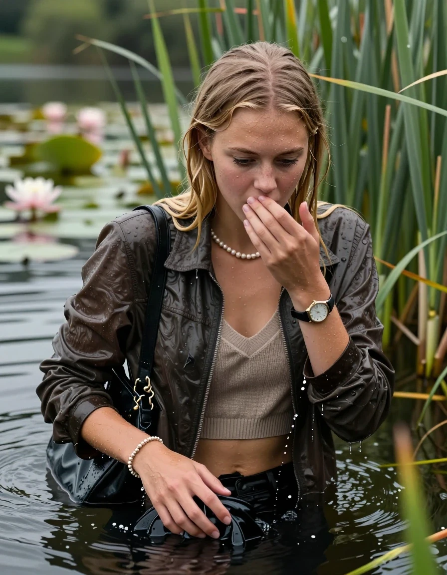 photo of young woman, in soaking wet, drenched clothes,
, , Plush jacket, Knit v-neck slipover belly free, shoulderbag, pearl necklace, bracelet, wristwatch, Go back in the water after diving in a lake with water lilies and reeds, 
enjoying, wet clothes stuck to body,
detailed textures of the wet clothes, wet face, wet plastered hair,
wet, drenched, professional, high-quality details, full body view.
sharp focus, ultra-high pixel detail, realistic, high-quality, full colors, incredibly detailed, 4k, 8k, 16k, hyper-realistic, RAW photo, masterpiece, ultra-detailed, professionally color graded, professional photograph, Slim  Blonde sleek Long straight hair

15 years old  teenage girl

Looking down, open mouth, horny eyes. Cover her mouth with her hand. Whole body and shoulders are submerged under the surface.

she is completely underwater up to her neck,  shocked expression.

She hides in the reeds.

her submerged clothes are hardly vusible under water, she soaked her handbag into the water

her clothing is soaking wet and clinging tightly to her skin, showing heavy wet folds, darkened fabric texture, and deep water-saturated Patches, her clothes are heavy from the water, water runs from her body and her clothes in streams. A lot of water also runs out of her clothes. Her clothes are darkened by the water. Her submerged clothes are good visible under the water.  she soaked her handbag into the water.

close up view, wet skin, wet clothes, wet hair, damp fabric, water runs down the clothes, wet skin, wet clothes, damp fabric. cinematic medium shot, hyper-realistic wetness, high-contrast water sheen, sharp focus, 16k resolution, professional photography, realistic water physics., wet skin, wet clothes, damp fabric, wet skin, wet clothes, damp fabric, wet skin, wet clothes, damp fabric, wet skin, wet clothes, damp fabric