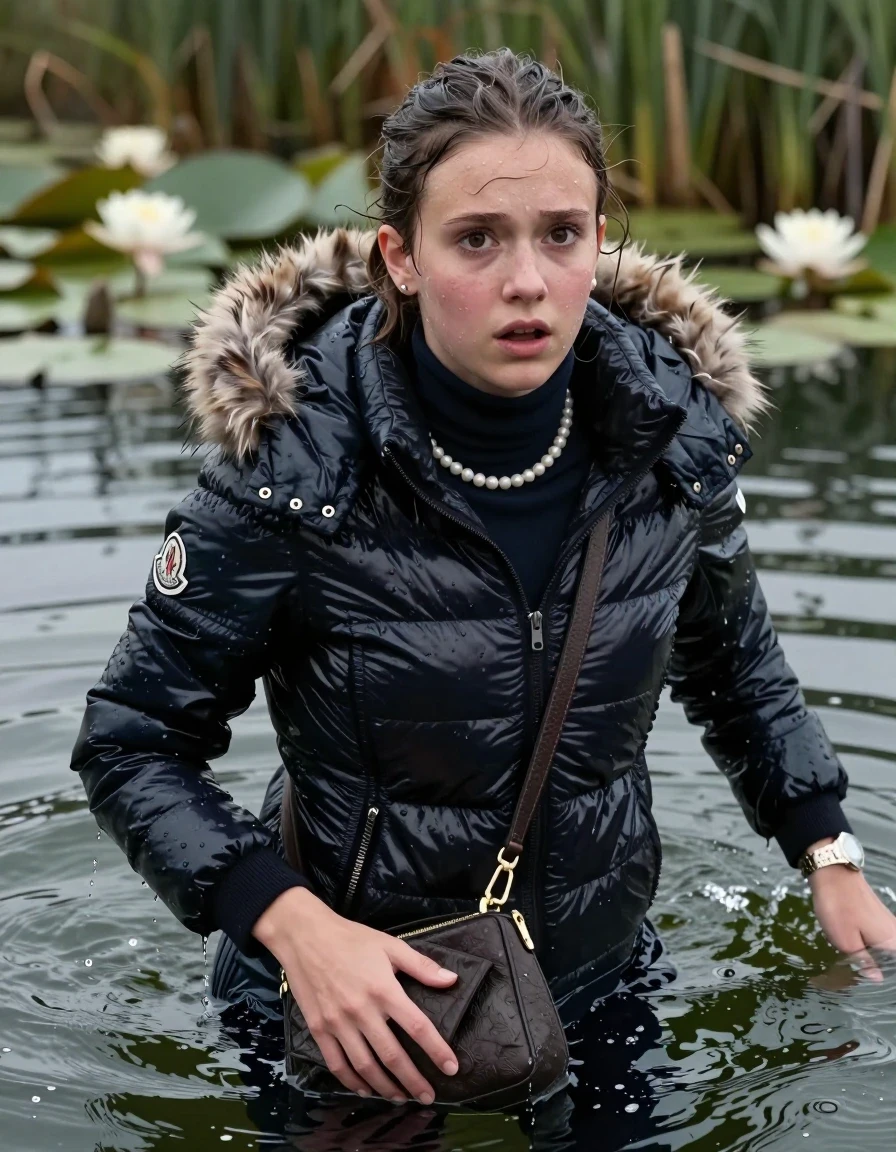 photo of young woman, in soaking wet, drenched clothes,
, , Moncler shiny puffer down jacket with fur, tight turtleneck sweater belly free, shoulderbag, pearl necklace, bracelet, wristwatch, Swimming deep into the water after diving in a lake with water lilies and reeds, 
enjoying, wet clothes stuck to body,
detailed textures of the wet clothes, wet face, wet plastered hair,
wet, drenched, professional, high-quality details, full body view.
sharp focus, ultra-high pixel detail, realistic, high-quality, full colors, incredibly detailed, 4k, 8k, 16k, hyper-realistic, RAW photo, masterpiece, ultra-detailed, professionally color graded, professional photograph, Sleek ponytail 

15 years old  teenage girl

Looking up at camera, Whole body and shoulders are submerged under the surface. horny eyes.

she is completely underwater up to her neck,  fearful and shocked expression. 

Leaning back. Hands up.

her submerged clothes are hardly vusible under water, she soaked her handbag into the water
she is completely underwater up to her neck, afraid and astonished expression. 

her clothing is soaking wet and clinging tightly to her skin, showing heavy wet folds, darkened fabric texture, and deep water-saturated Patches, her clothes are heavy from the water, water runs from her body and her clothes in streams. A lot of water also runs out of her clothes. Her clothes are darkened by the water. Her submerged clothes are good visible under the water.  she soaked her handbag into the water.

close up view, wet skin, wet clothes, wet hair, damp fabric, water runs down the clothes, wet skin, wet clothes, damp fabric. cinematic medium shot, hyper-realistic wetness, high-contrast water sheen, sharp focus, 16k resolution, professional photography, realistic water physics., wet skin, wet clothes, damp fabric, wet skin, wet clothes, damp fabric, wet skin, wet clothes, damp fabric