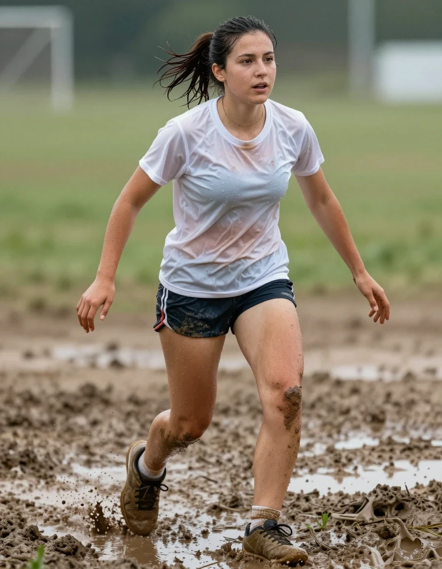 photo of young woman, in soaking wet, drenched clothes,
running sneakers, white low socks, shorts, white t shirt, mud puddle, 
enjoying, wet clothes stuck to body,
detailed textures of the wet clothes, wet face, wet plastered hair,
wet, drenched, professional, high-quality details, full body view.
sharp focus, ultra-high pixel detail, realistic, high-quality, full colors, incredibly detailed, 4k, 8k, 16k, hyper-realistic, RAW photo, masterpiece, ultra-detailed, professionally color graded, professional photograph, playing mud volleyball, have muddy socks, wet skin, wet clothes, damp fabric