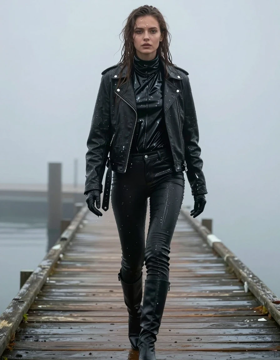 A photorealistic full-body portrait of a young adult European woman with long, dripping wet brown hair, walking along a wooden pier at the docks during a heavy, atmospheric mist. She is wearing a soaking-wet black leather jacket layered over an oversized black vinyl polar neck shirt, with tight black leather jeans that cling to her legs, showing deep wet sheen and heavy folds. She wears black leather gloves on both hands and black leather knee-high boots. Her skin is glistening with water, and her clothing is heavily drenched, appearing dark, heavy, and saturated with water, with clinging fabric and visible water sheen throughout. The lighting is moody and diffuse due to the thick mist, creating strong specular highlights on the wet leather and vinyl textures. The scene is captured with sharp, high-resolution photographic detail, emphasizing the texture of the wet materials, the dense fog, and the damp environment. No nudity, clean and realistic anatomy, non-sexualized, focused on the atmospheric and material textures of the wet environment.